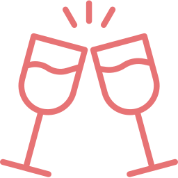 Two clinking champagne glasses with pink outlines and a celebratory burst above.