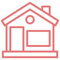 Simple line drawing of a house with a sloped roof, a circular window, and a fireplace.