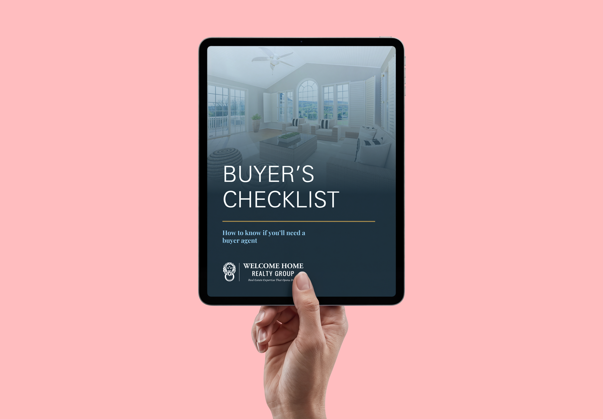 A person holding a tablet with a real estate guide titled "Buyer's Checklist" on the screen, against a pink background.