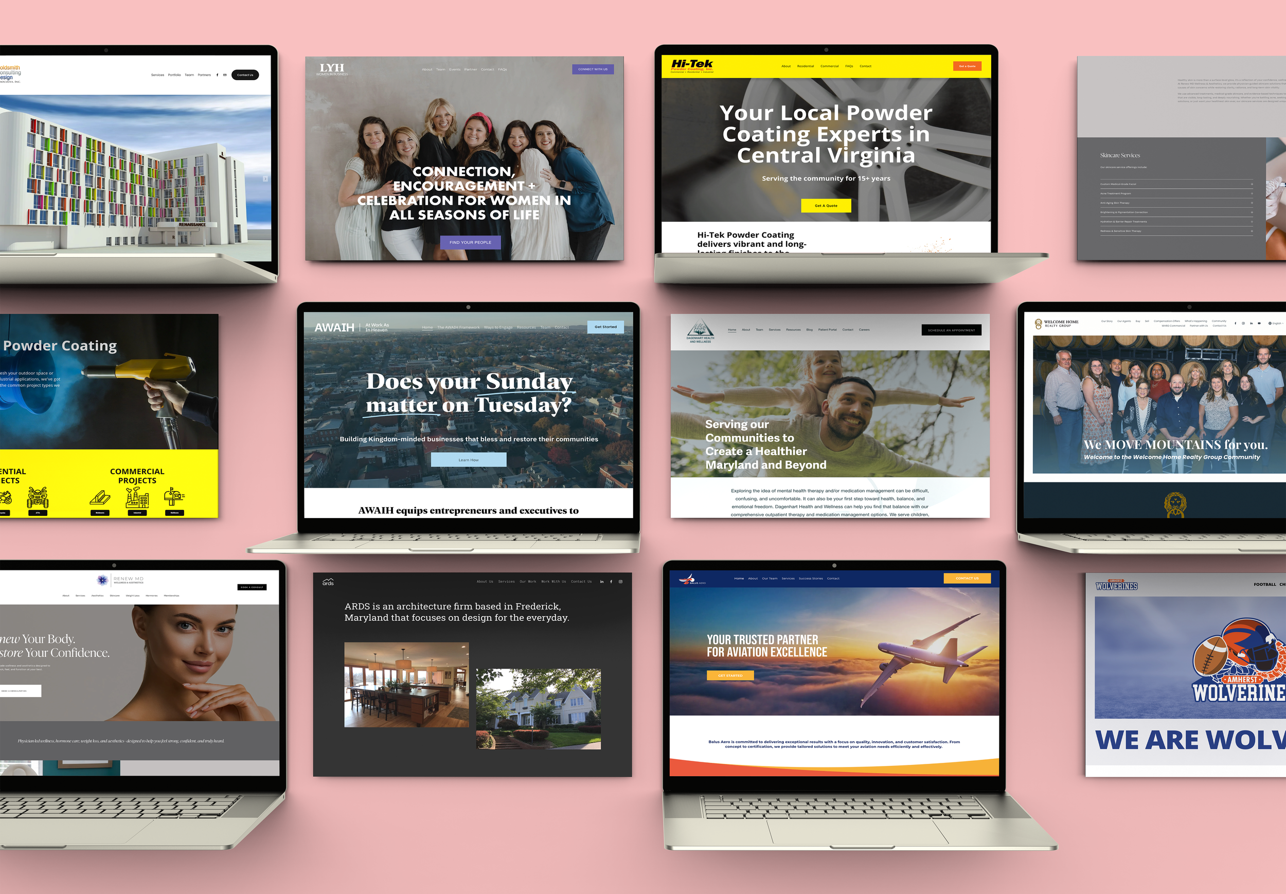Collection of website homepage previews displayed on laptops with a pink background.