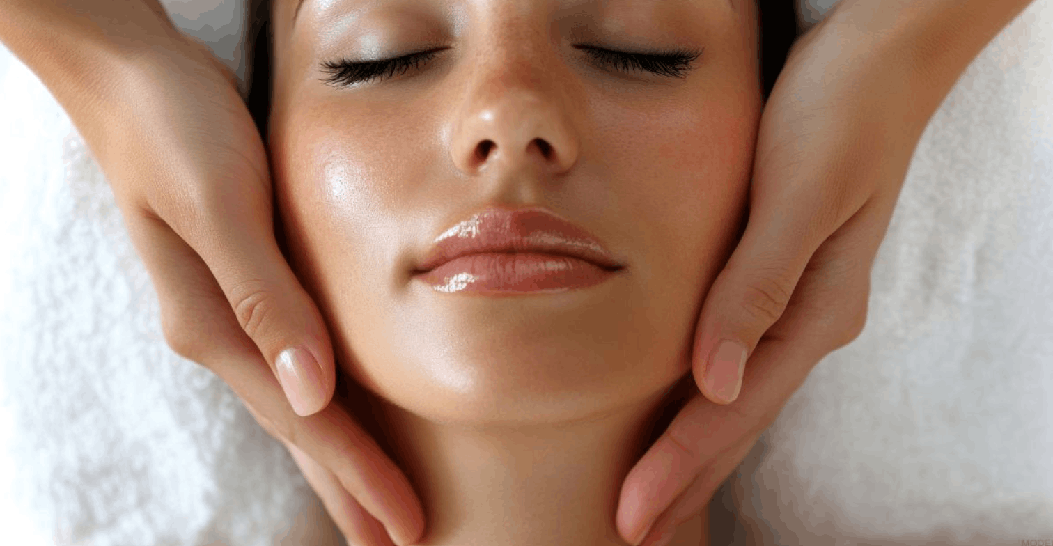 A woman enjoying a professional facial massage as a skincare specialist uses gentle lifting and lymphatic drainage techniques to boost circulation, reduce puffiness, improve absorption, and reveal a firmer, brighter, more youthful complexion