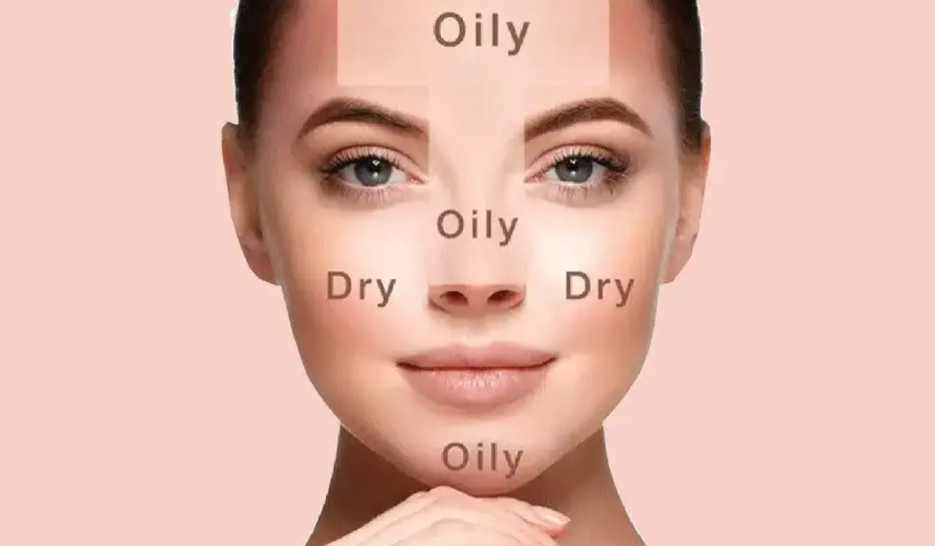 A woman's face divided into sections labeled 'Oily' and 'Dry' indicating different skin types for skincare.