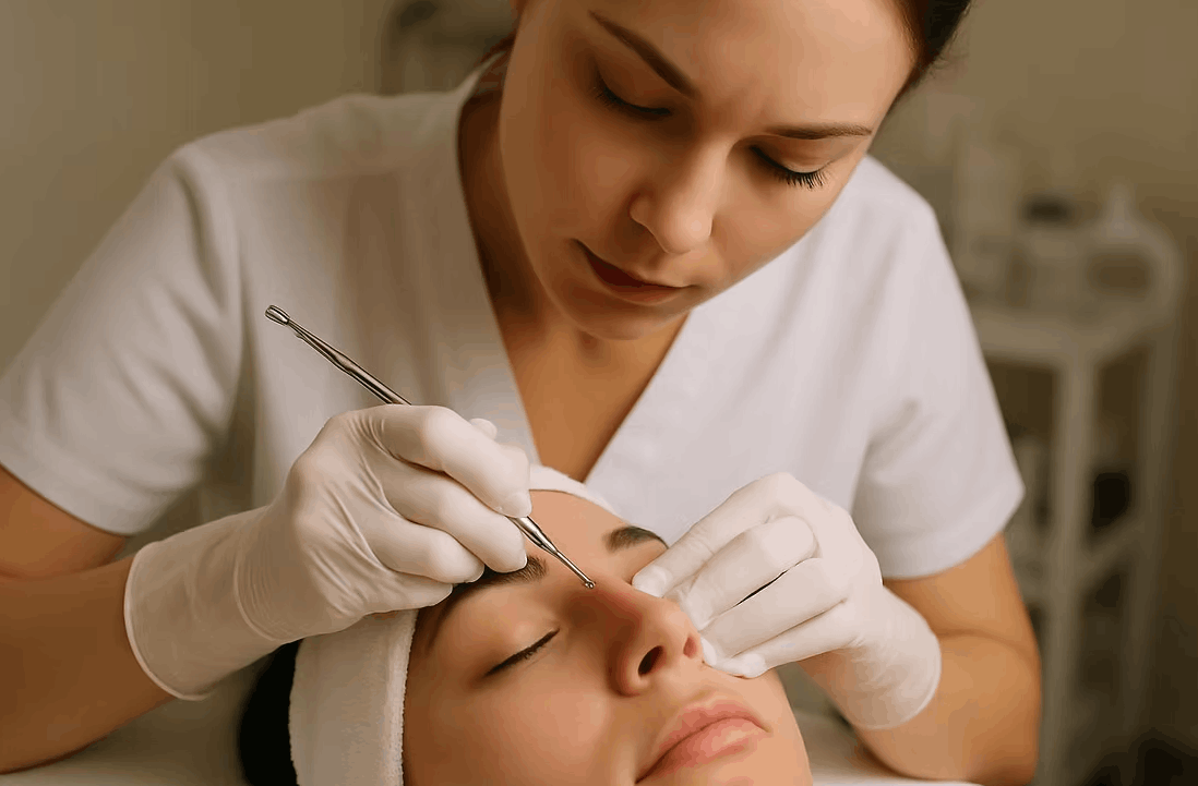 A woman receiving professional pore extractions as a licensed esthetician gently removes blackheads and clogged pores to clear congestion, refine texture, reduce breakouts, and prepare the skin for better absorption of acne and anti-aging treatments