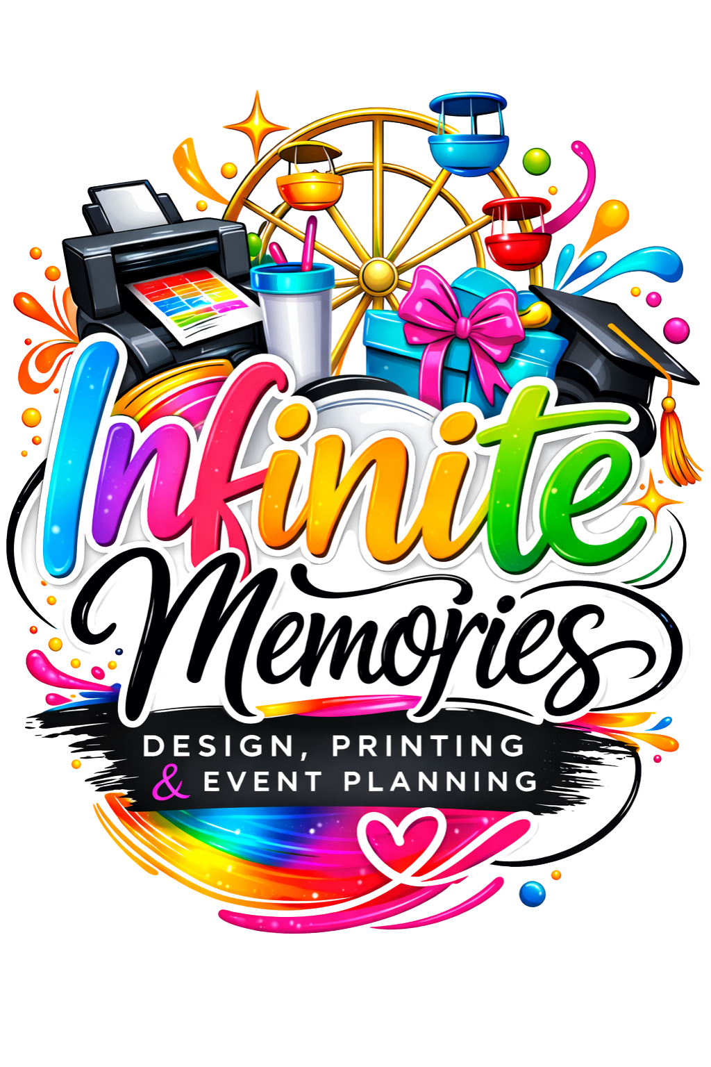 Colorful logo for 'Infinite Memories' featuring a ferris wheel, gift box with pink bow, printer, drink cup, and abstract colorful elements, with the tagline 'Design, Printing & Event Planning' beneath.