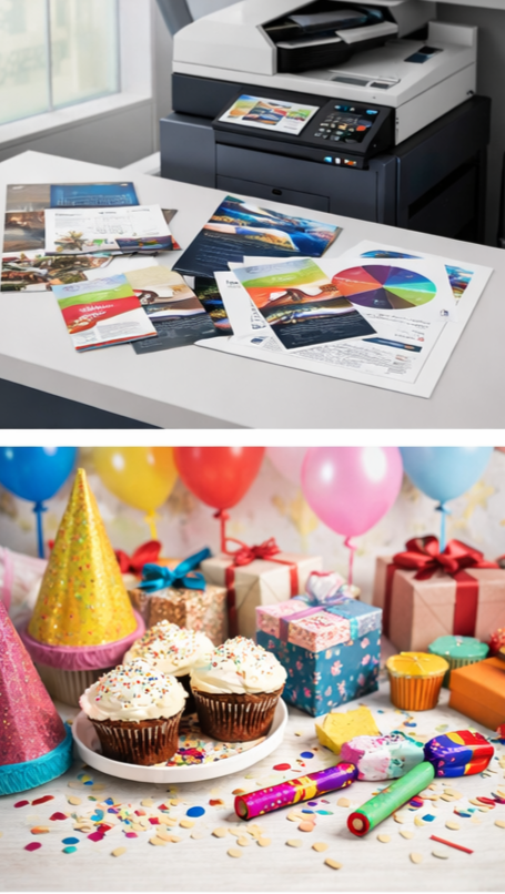 A mixed scene with a printing copier on a desk with colorful brochures and printed charts, and a festive birthday party setup with cupcakes, party hats, wrapped presents, balloons, and party poppers decorated with confetti.