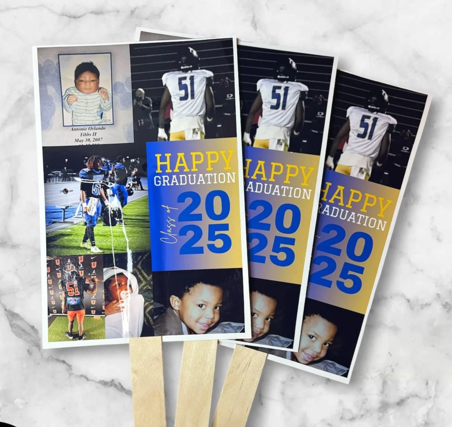 Three graduation fans with photos and designs, featuring a young child, football player, and a young girl, with a color theme of blue, yellow, and black, celebrating the class of 2025.