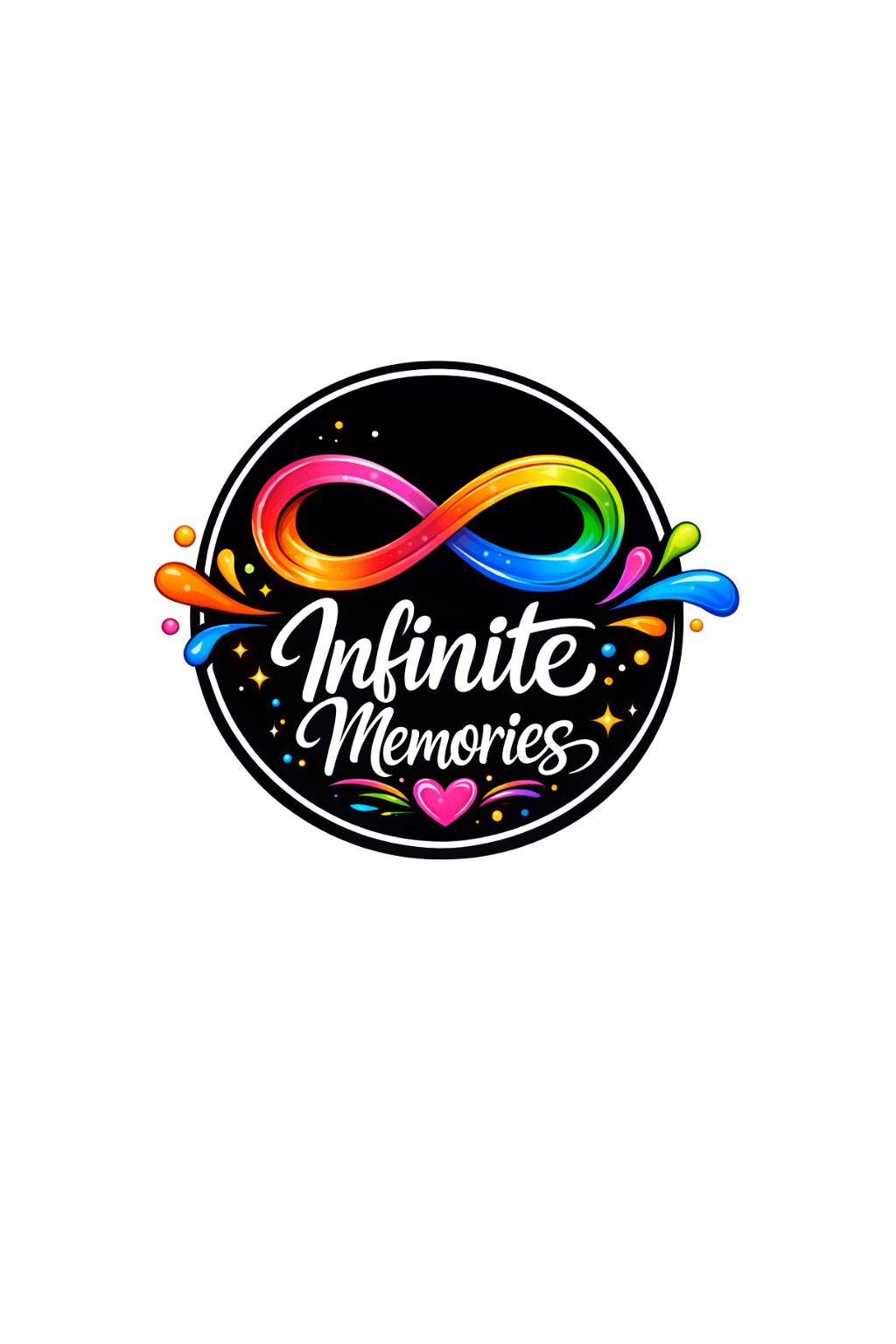 Colorful infinity symbol with splashes of paint, pink heart, stars, and the text 'Happy Valentines' in black on a dark background.