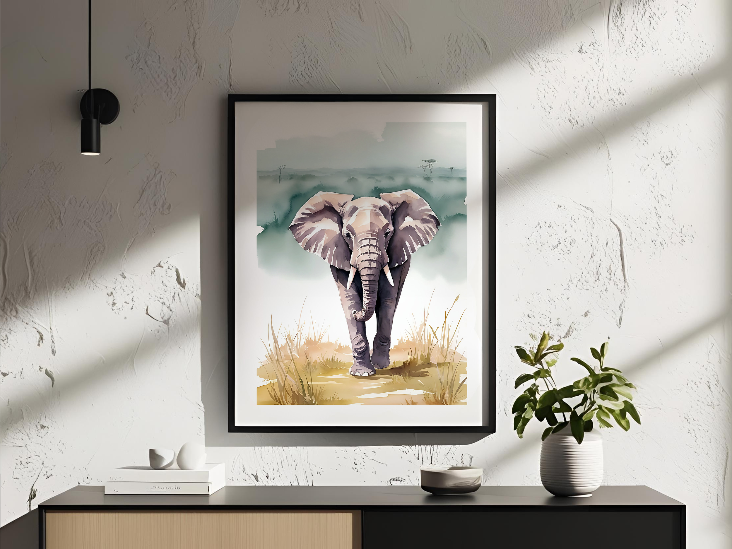Gentle Giant – Watercolor Elephant Wall Print - Framed African Wildlife Boho Art