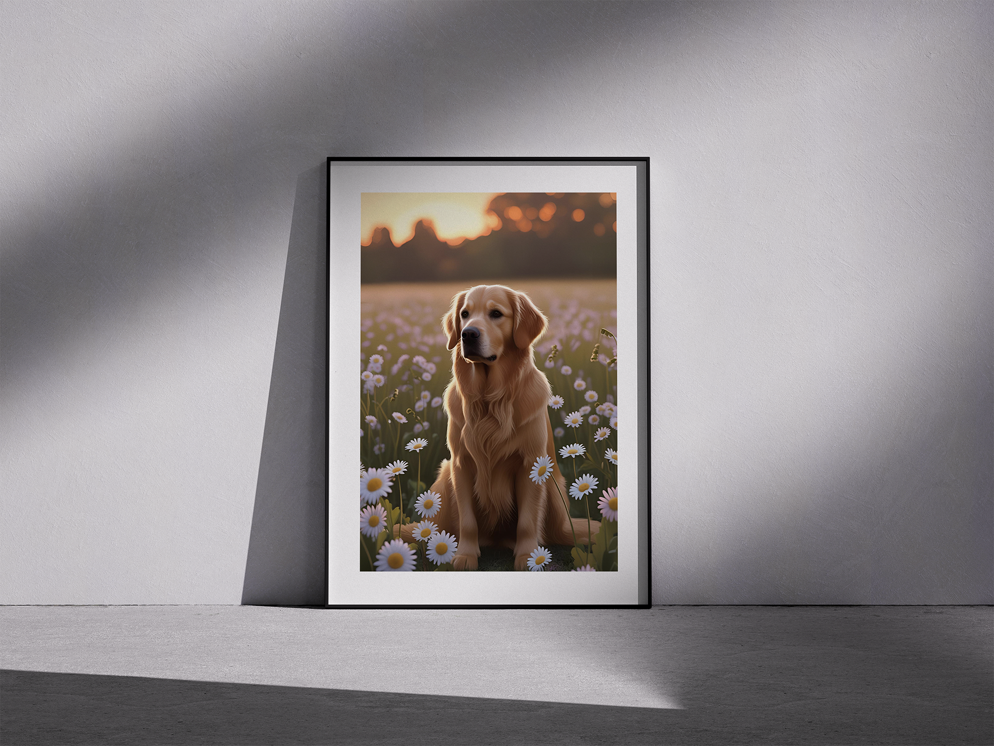 Golden Light – Soft Framed Dog Poster in Pastel Field