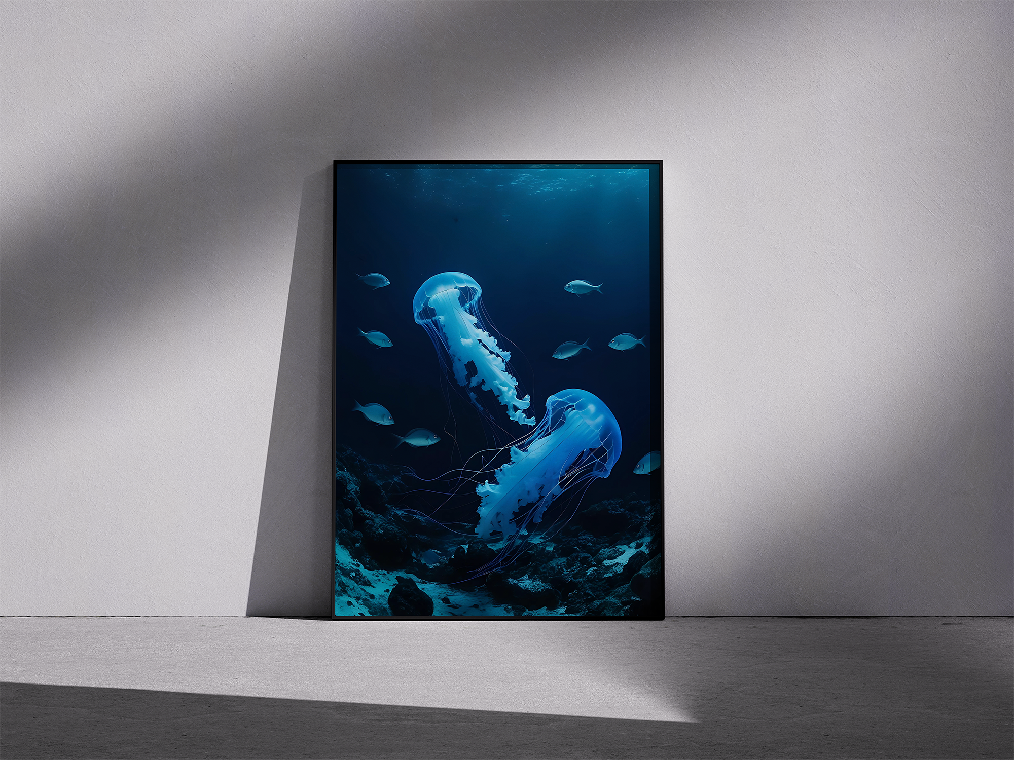 Blue Drift – Ethereal Jellyfish Framed Poster for Serene Underwater Vibes
