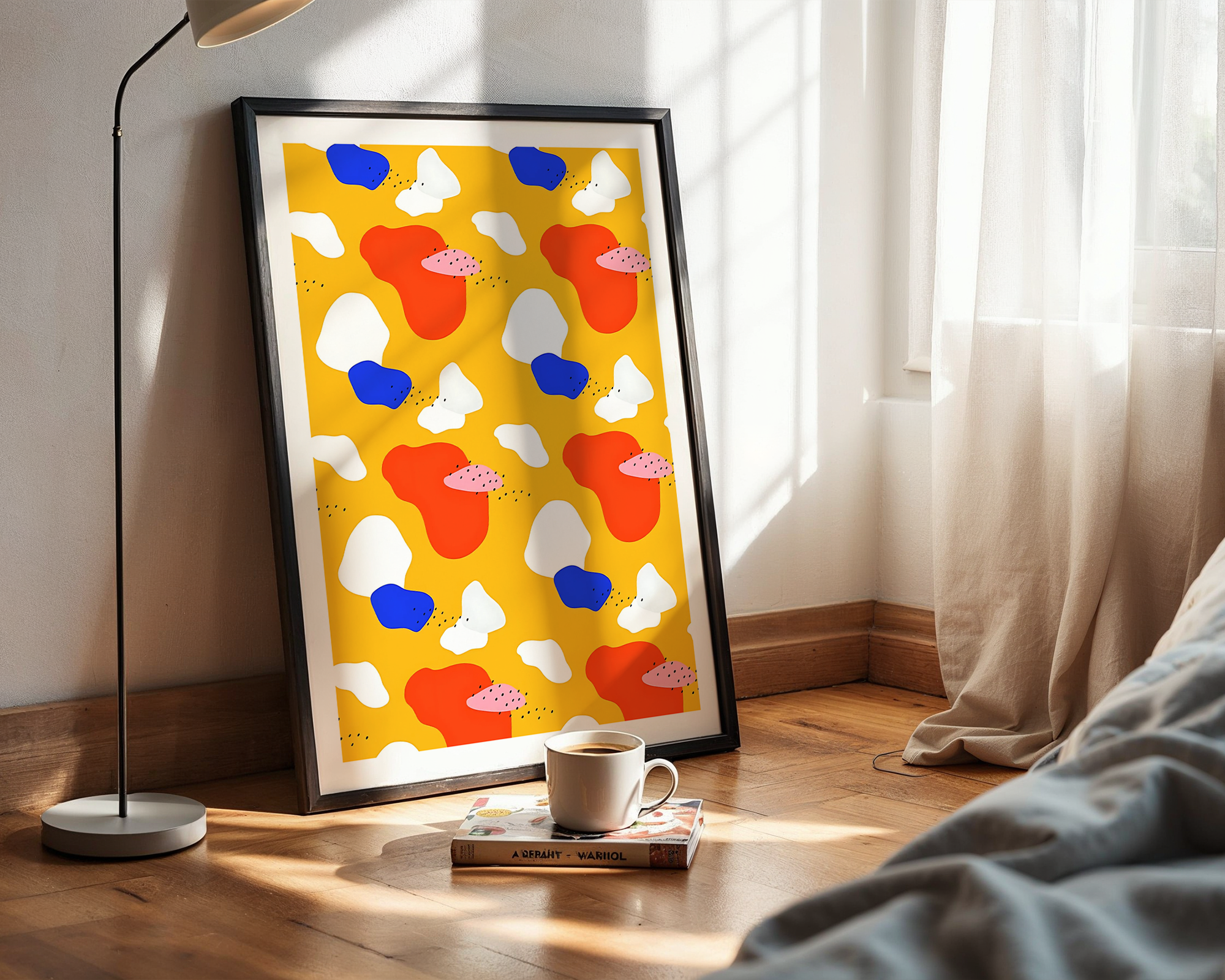 Playful Abstract Wall Art Print – Bold Colorful Shapes on Yellow Background