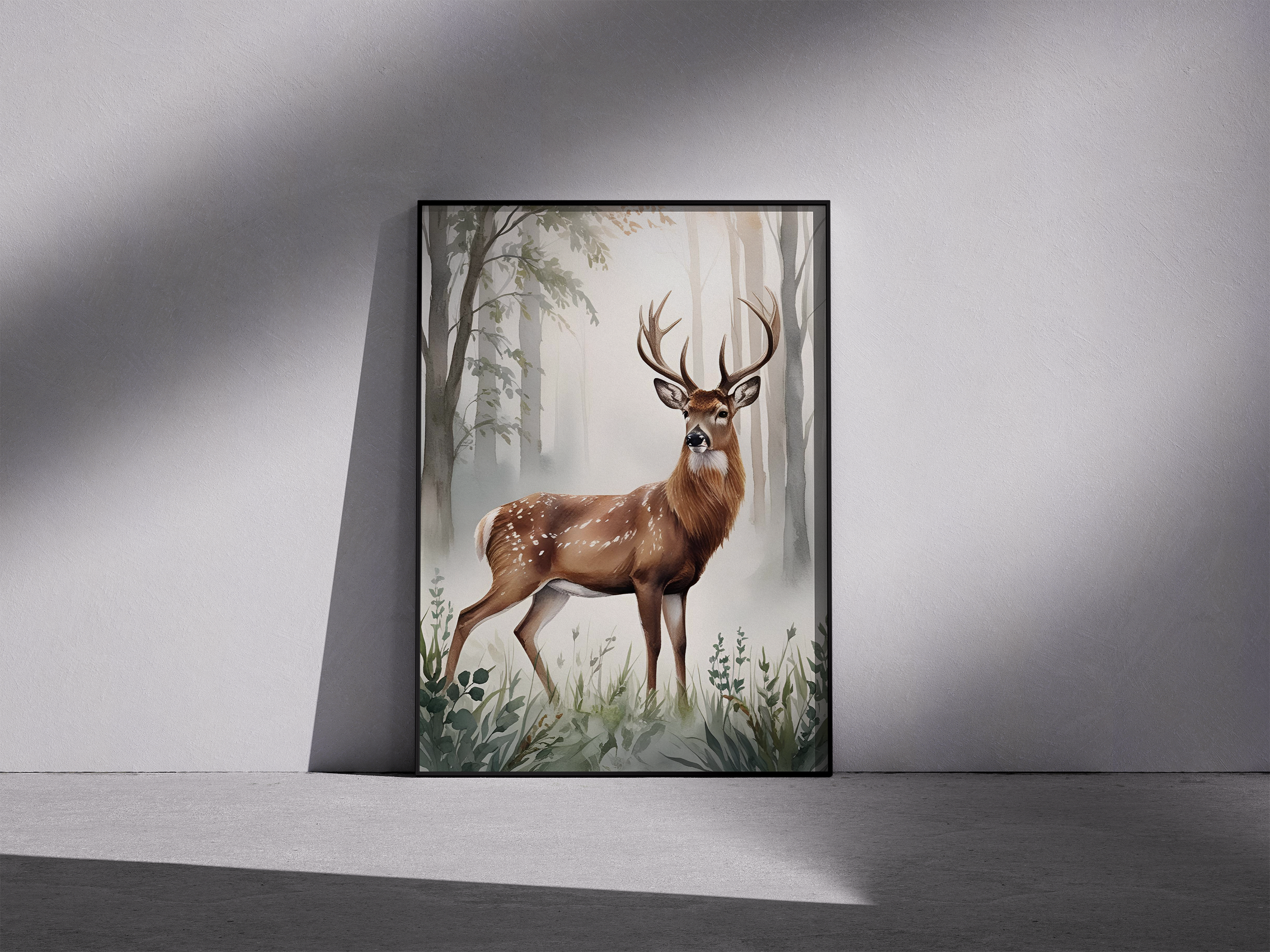 Crowned by Mist - Majestic Deer in Misty Forest – Woodland Framed Wall Art