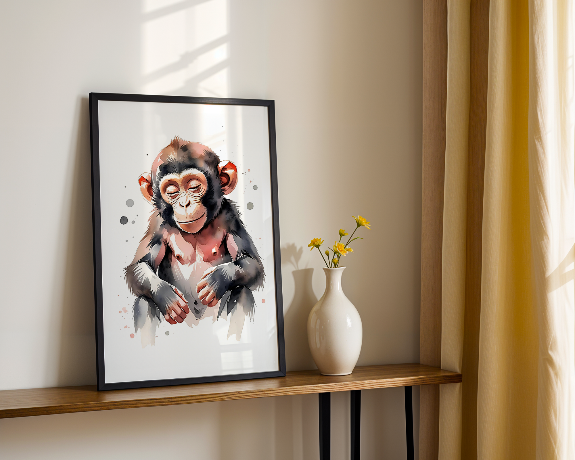 Gentle Love - Watercolor Style Print - Baby Monkey Framed Poster
