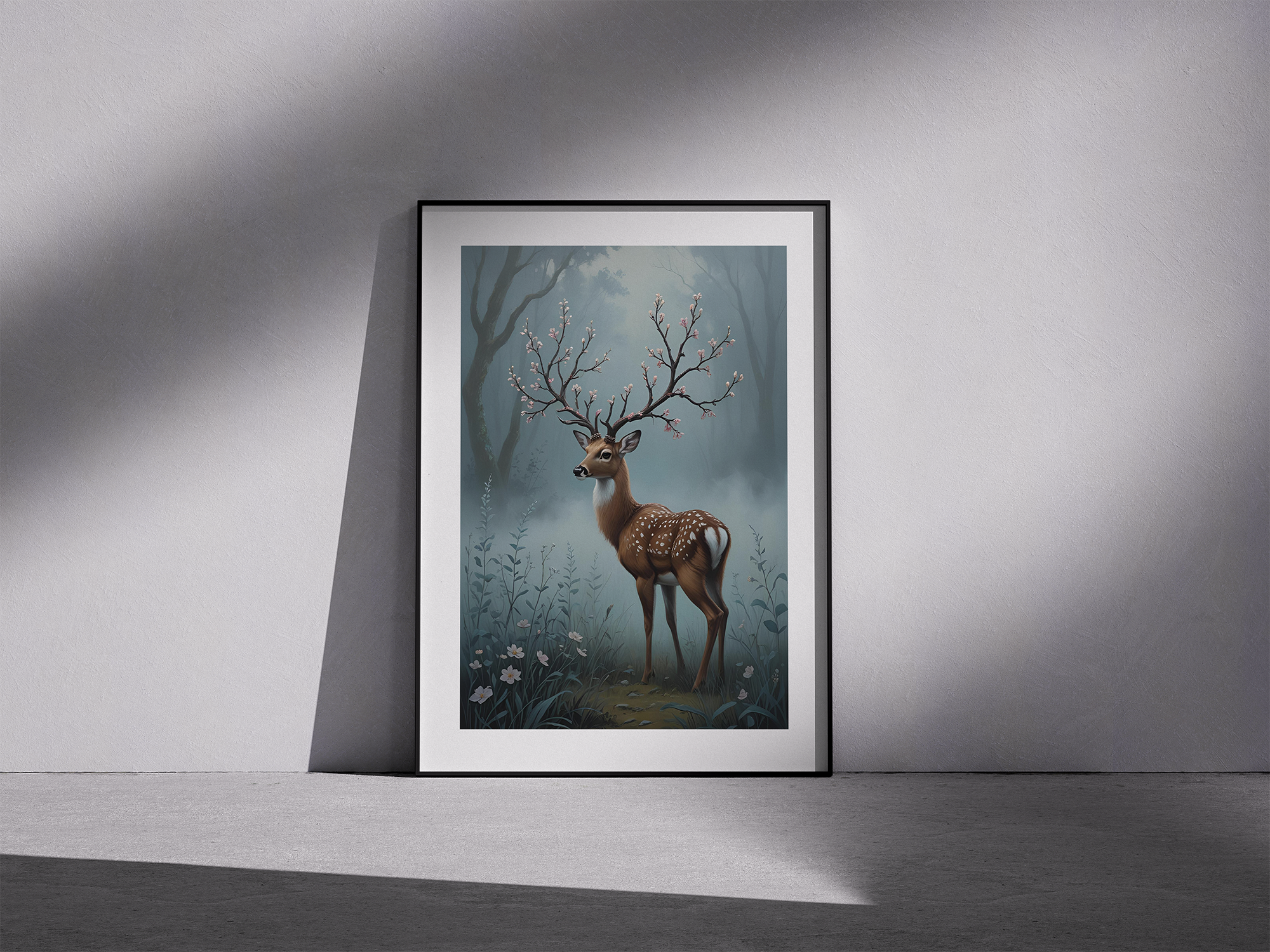 Blooming Silence – Fantasy Deer With  Floral Antlers - Framed Poster