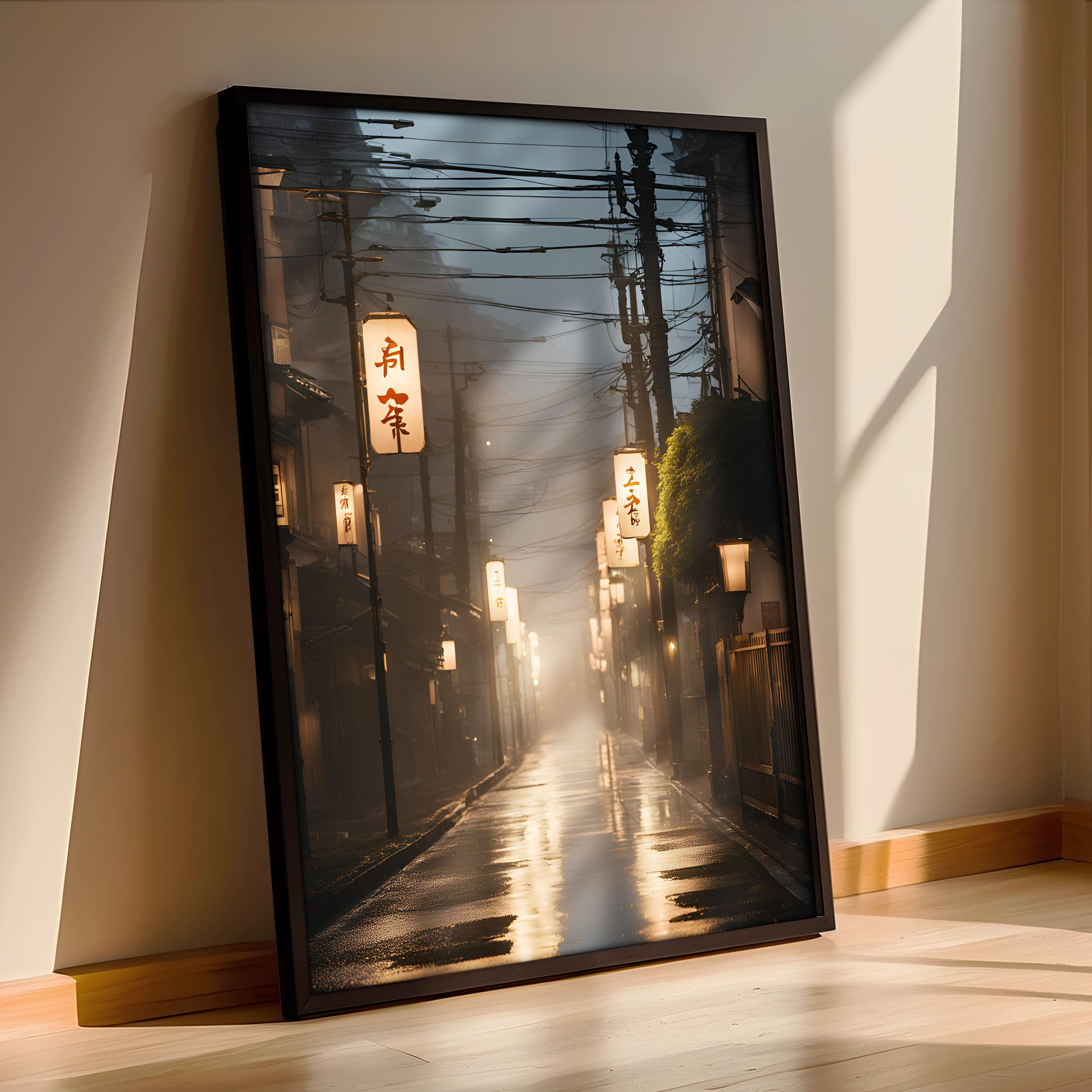 Misty Lantern Path - Atmospheric Japan Framed Wall Art