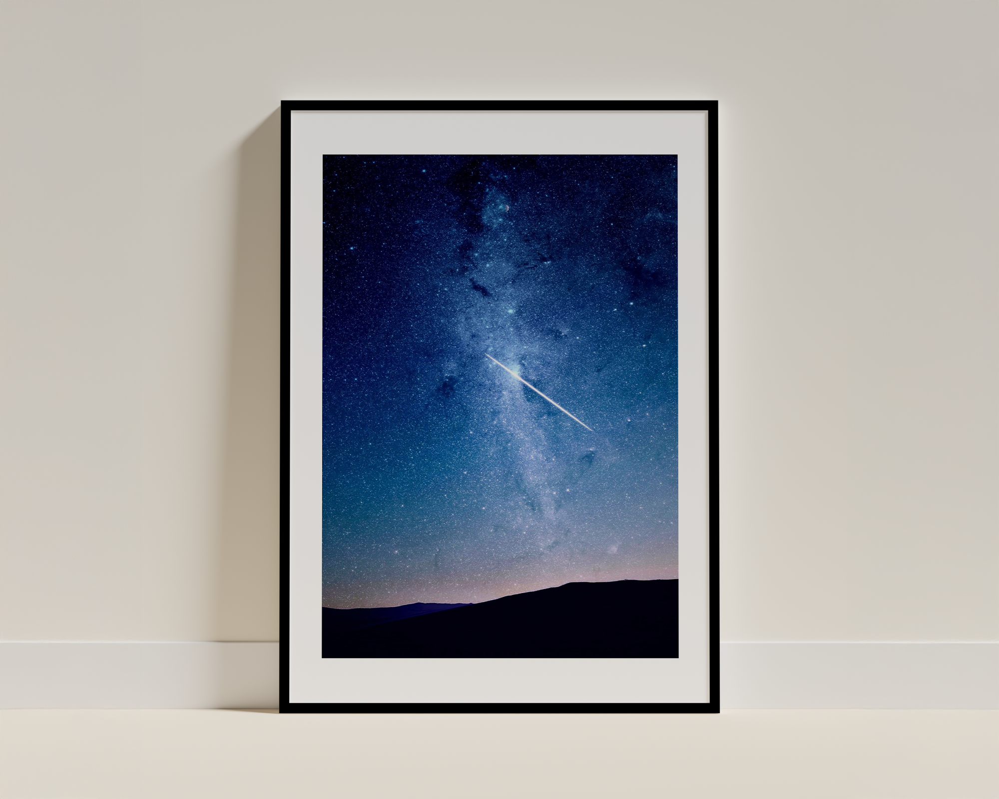 Minimalist Night Sky Poster – Framed Starry Landscape with Meteor Streak