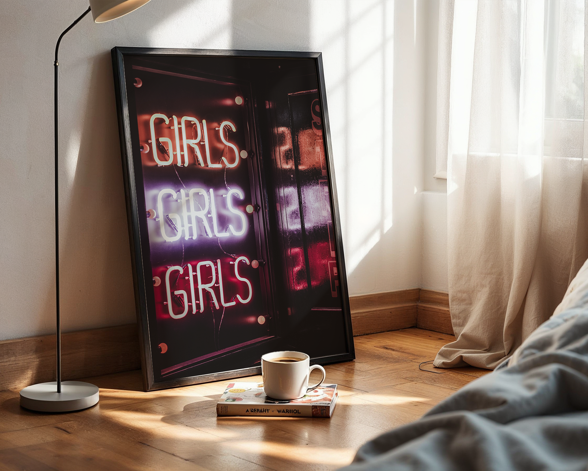Retro Neon Glam – Framed Poster of Vibrant 'GIRLS' Sign for Edgy Interiors