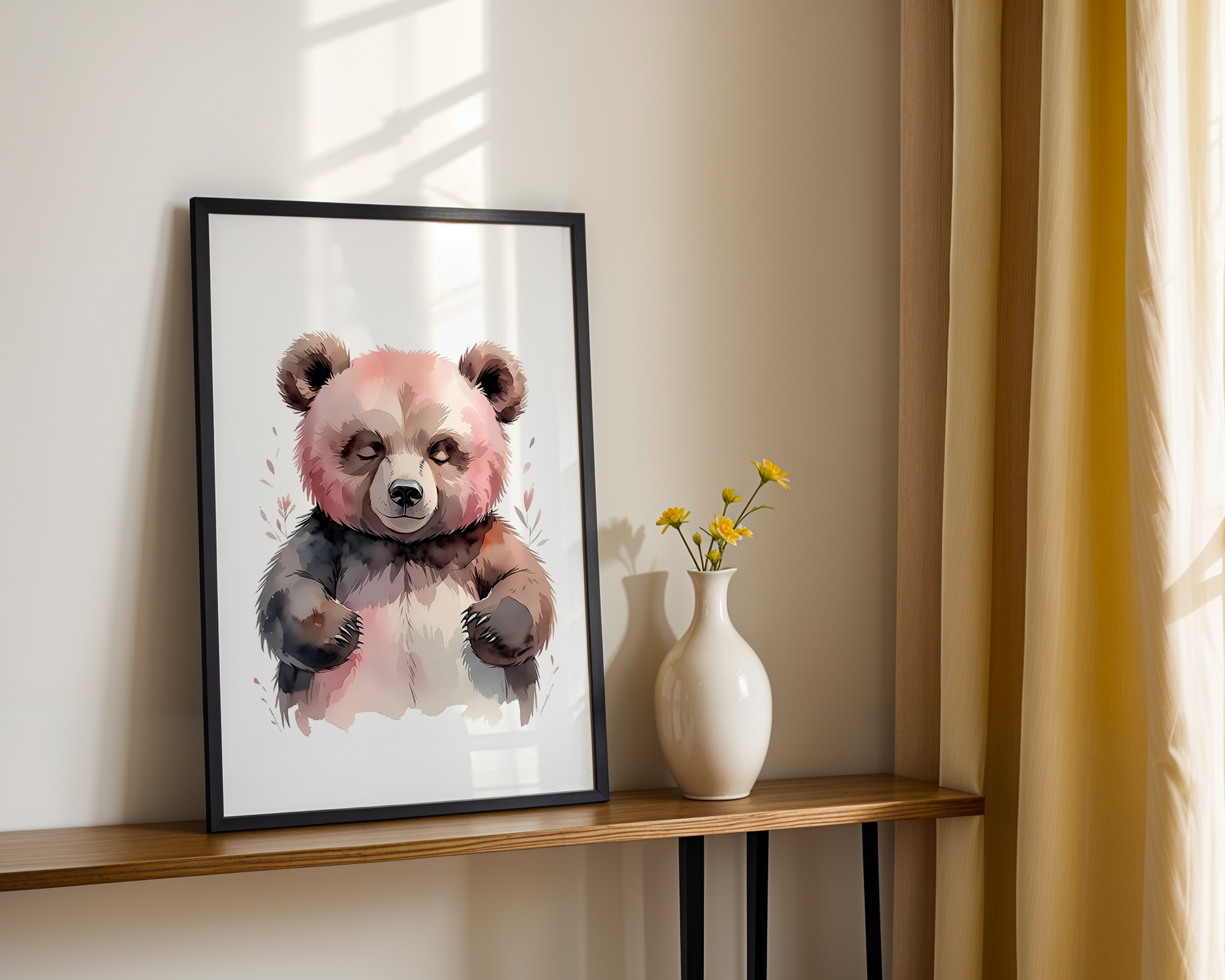 Gentle Love - Watercolor Style Print - Baby Bear Framed Poster