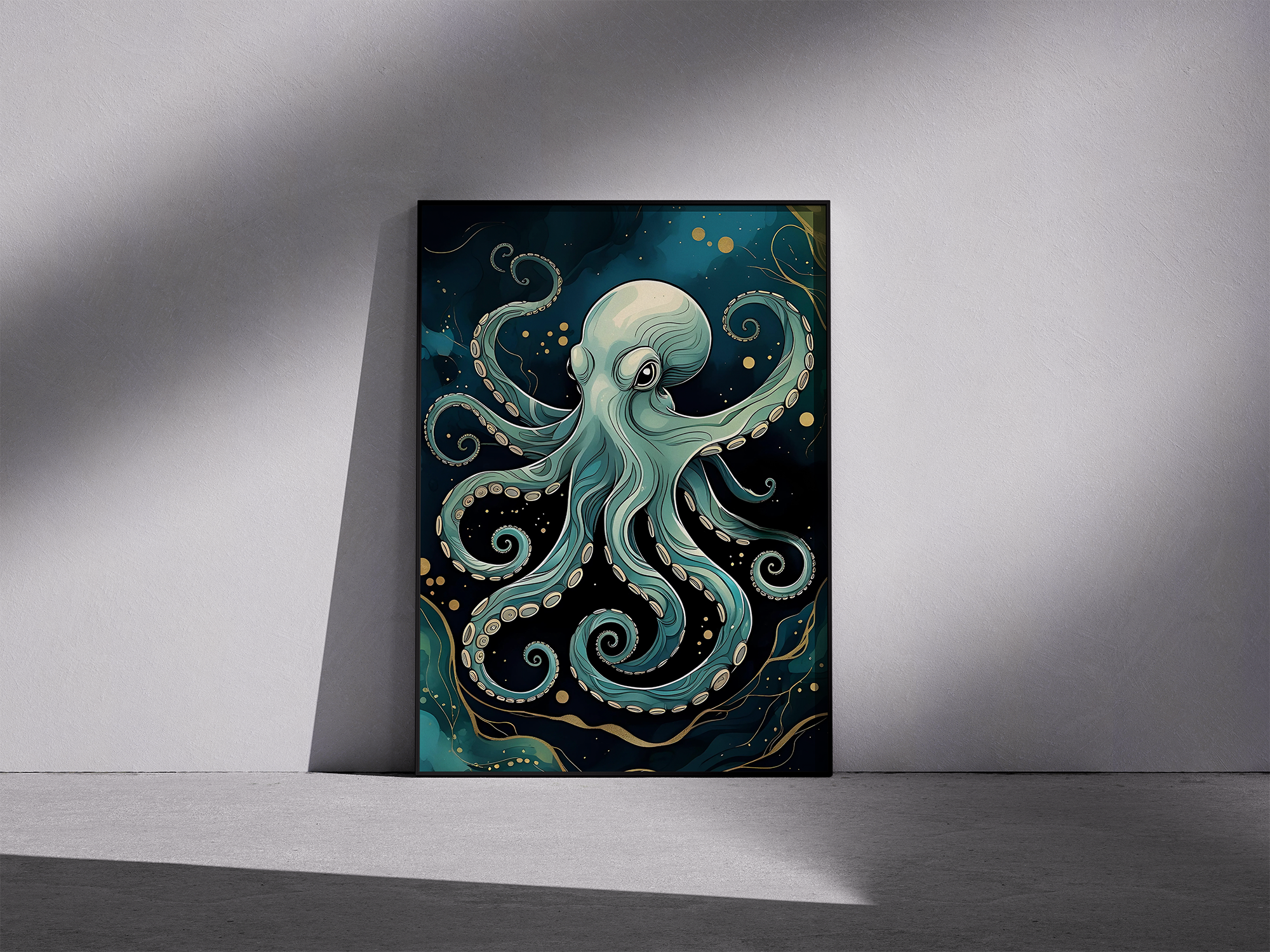 Deep Swirl – Modern Octopus Framed Poster in Abstract Form