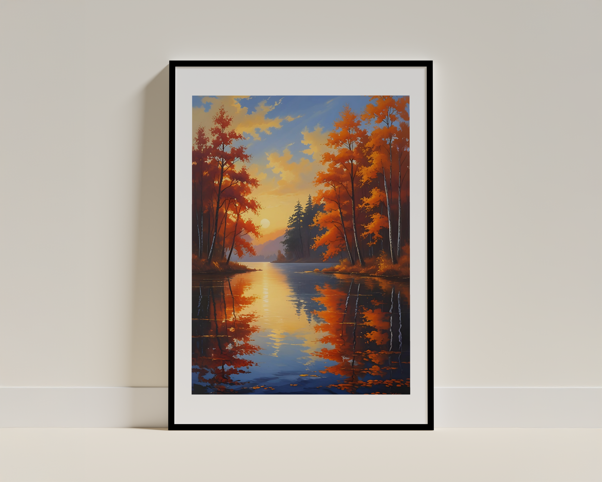 Autumn Sunset Over Tranquil River Framed Poster