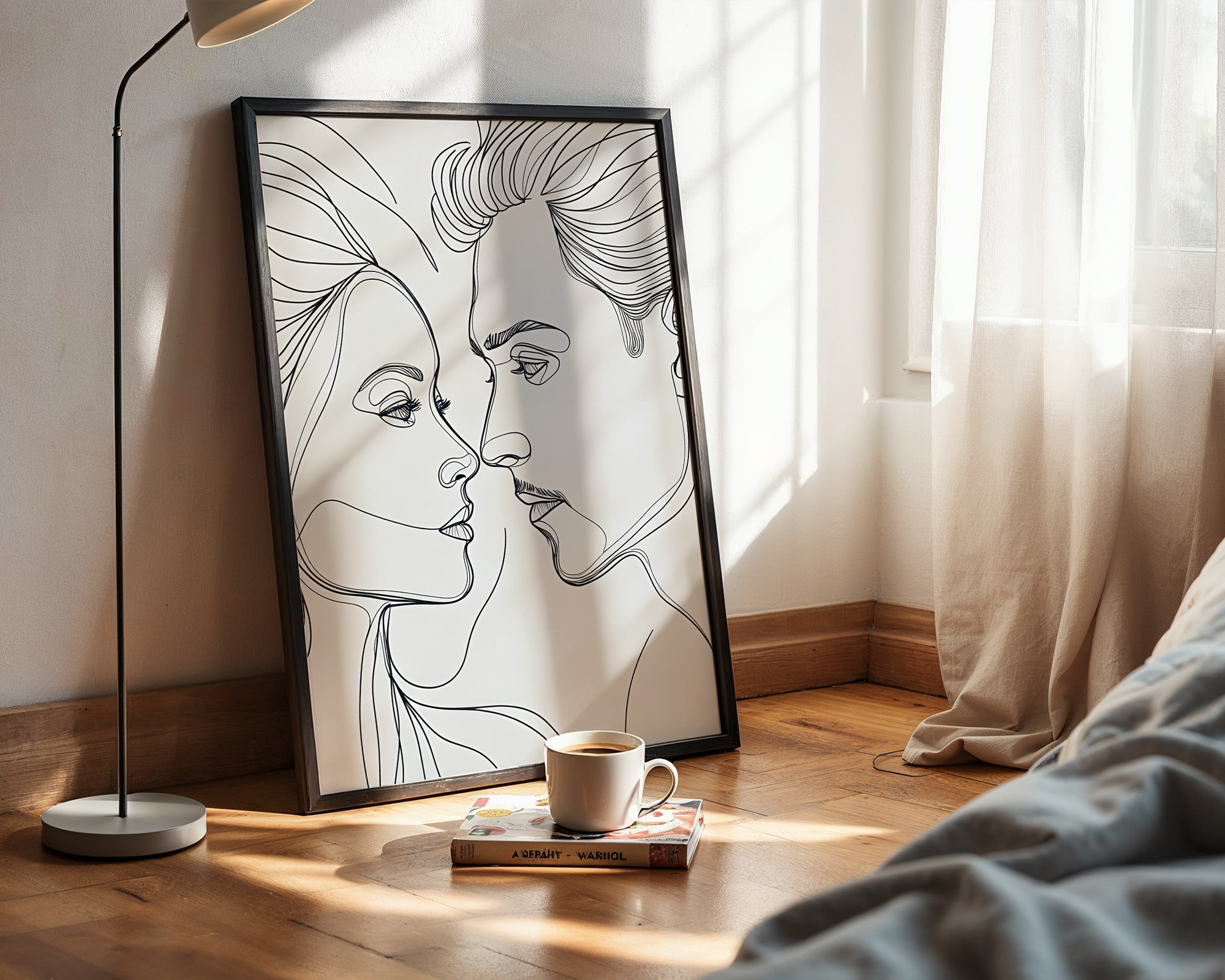 Eternal Gaze – Lovers in Minimalist Line Framed Art for Modern Wall Decor