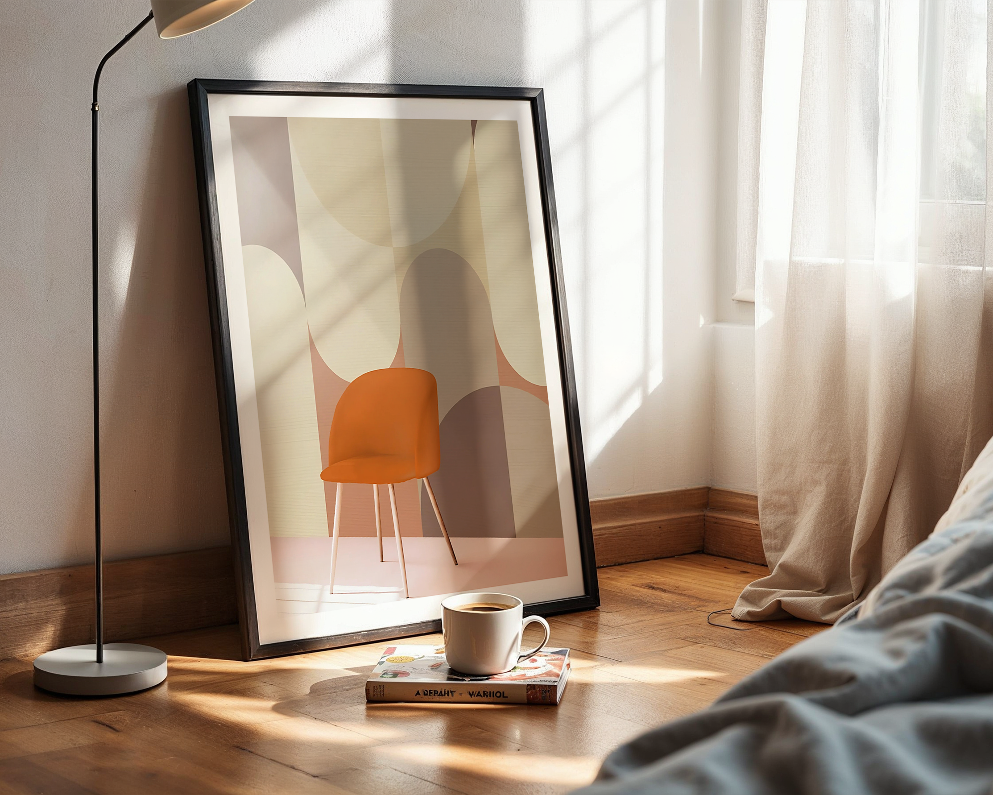 Minimalist Mid-Century Modern Wall Art – Abstract Neutral Shapes with Orange Chair