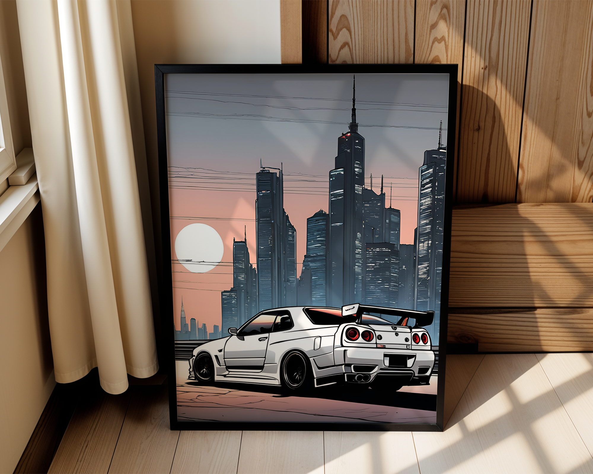 R34 GTR At Sunset Framed Sketch Art