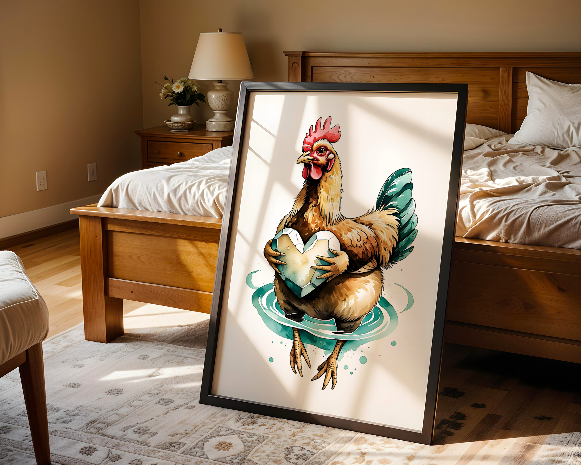 Drift & Heart – Playful Chicken Framed Poster in Watercolor