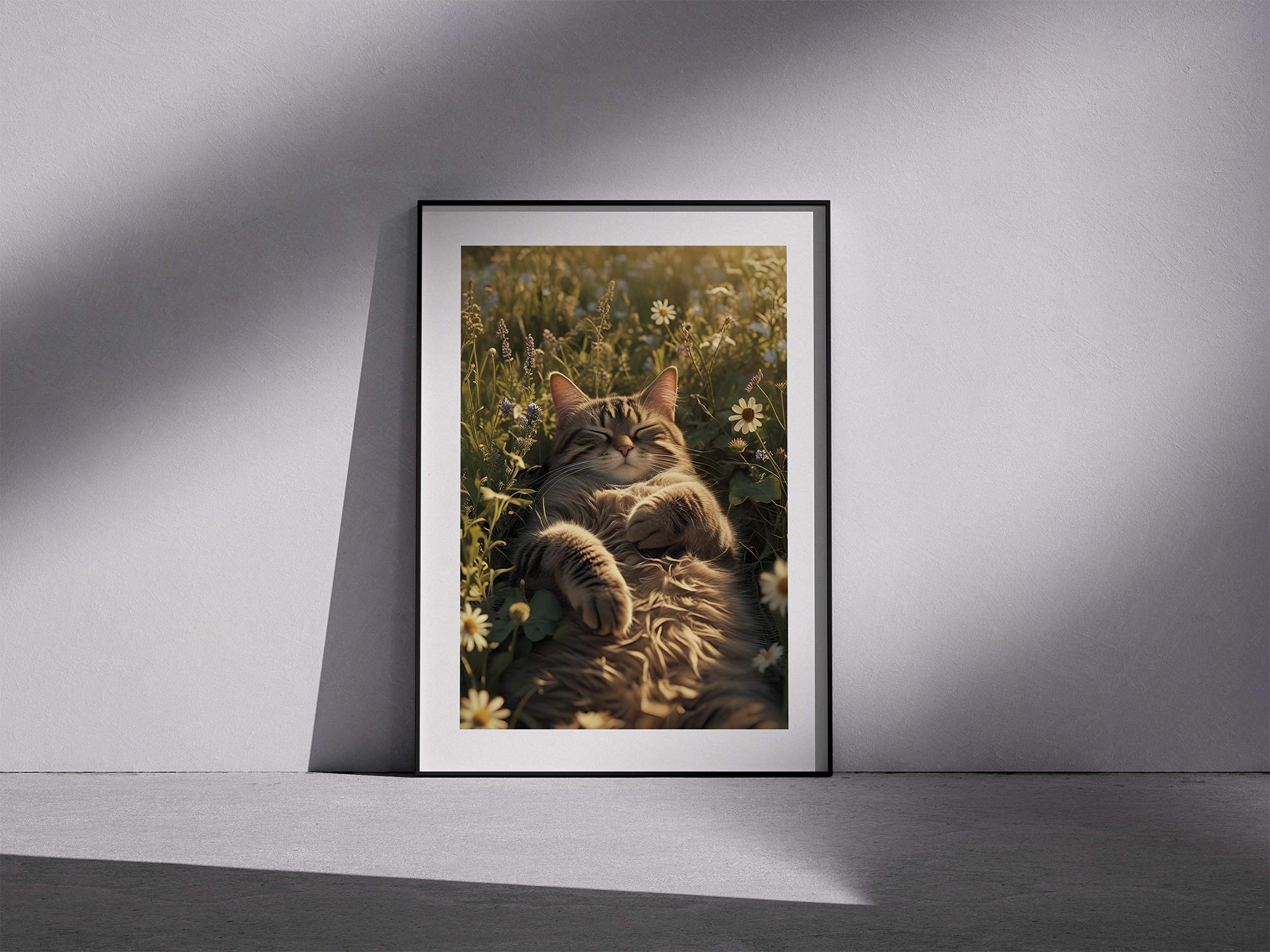 Meadow Nap – Cozy Cat Sleeping Between Wildflowers - Framed Poster