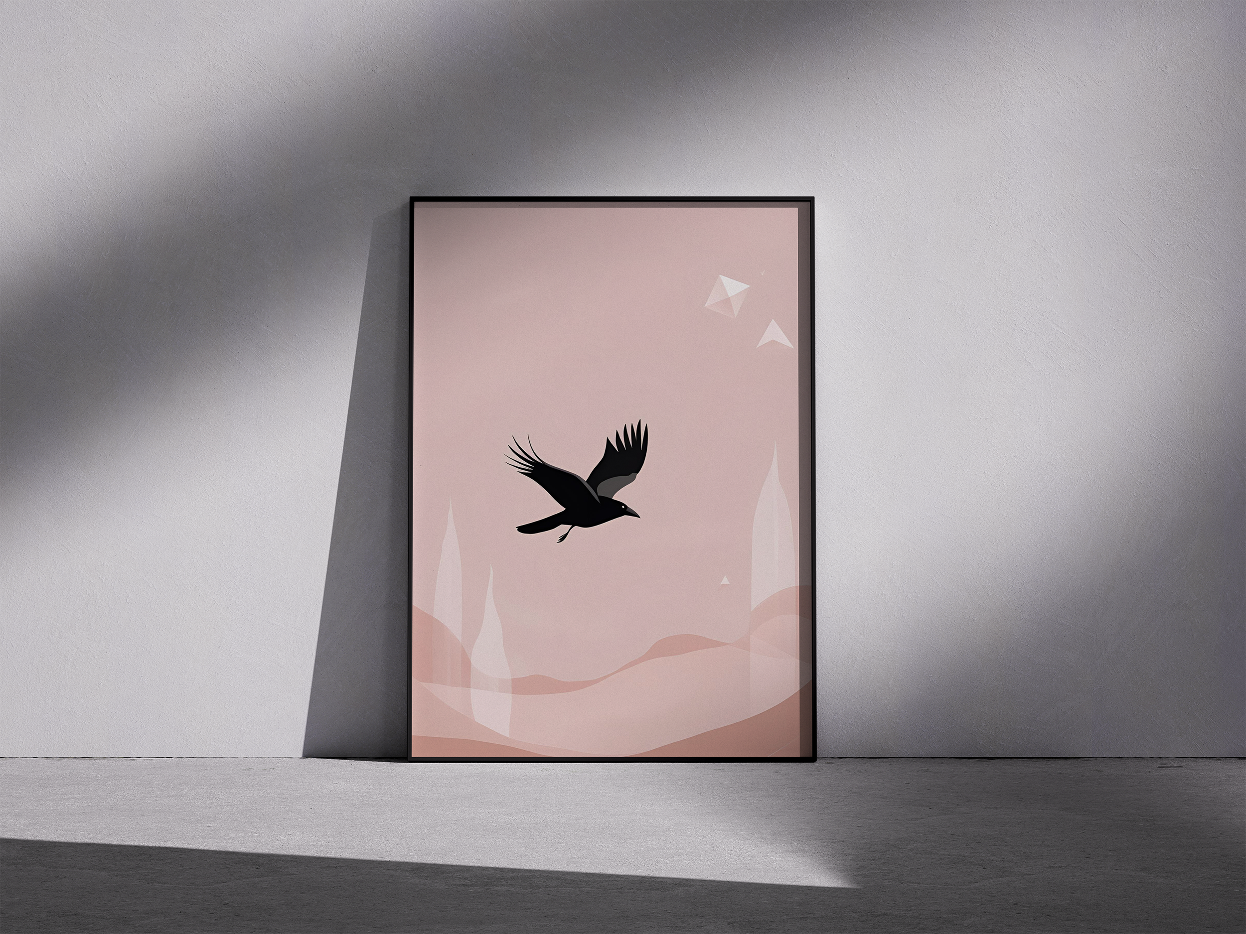 Minimalist Raven Framed Poster – Abstract Bird Wall Art on Soft Pink Tones