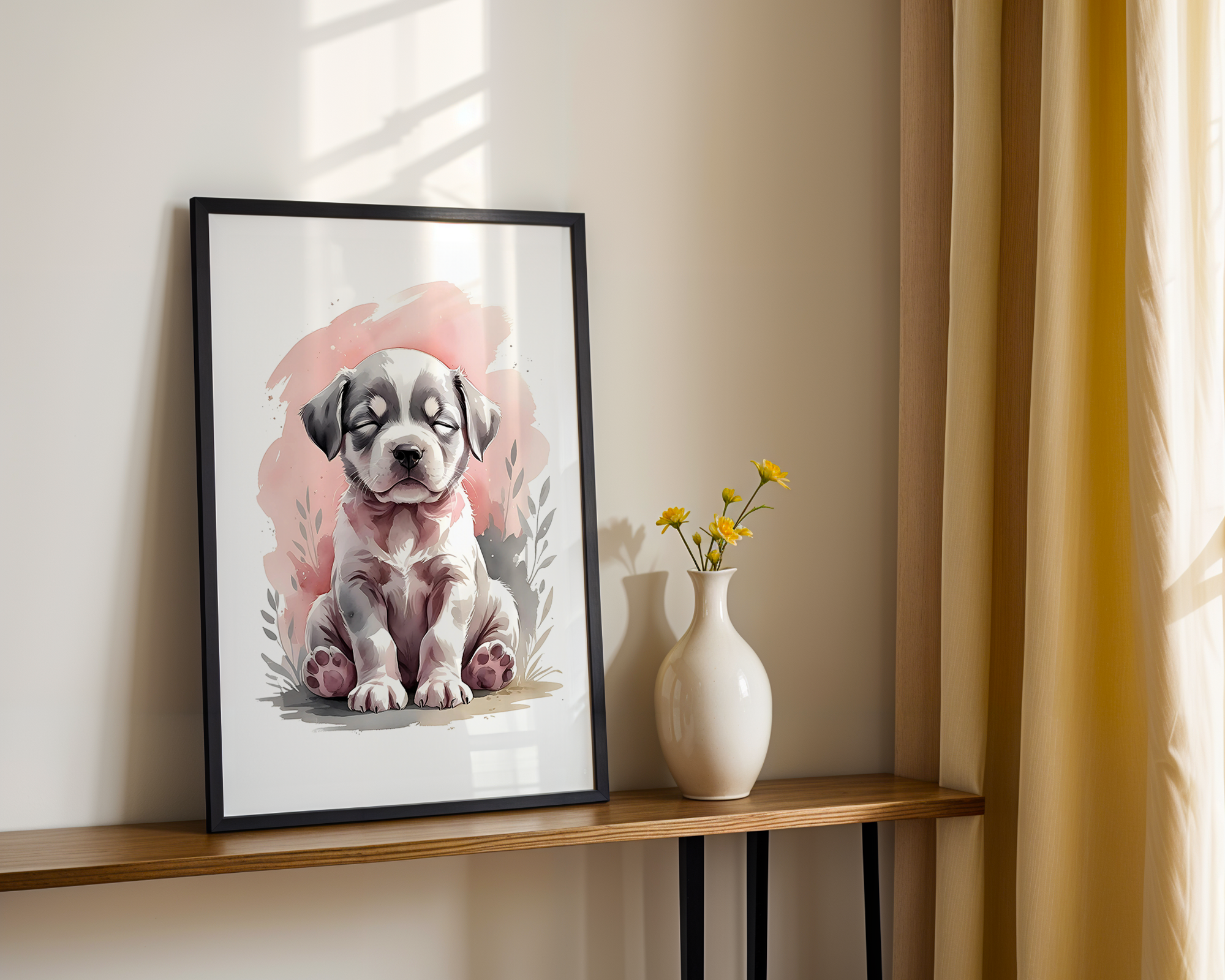 Gentle Love - Watercolor Style Print - Baby Puppy Framed Poster