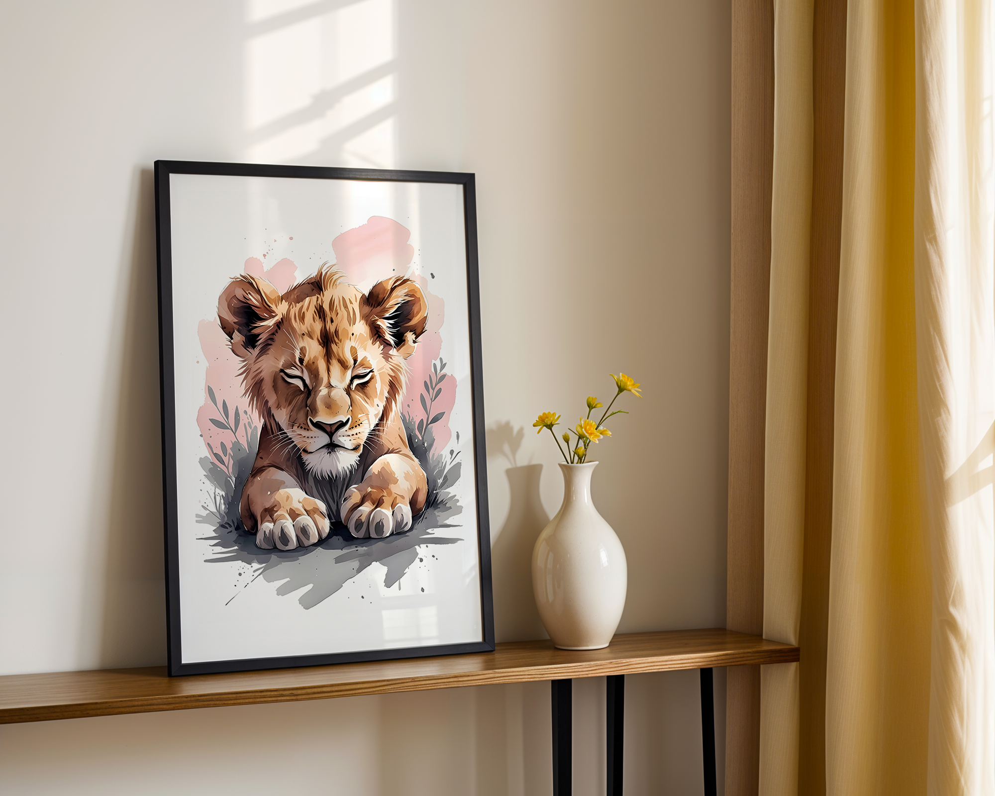 Gentle Love - Watercolor Style Print - Baby Lion Framed Poster