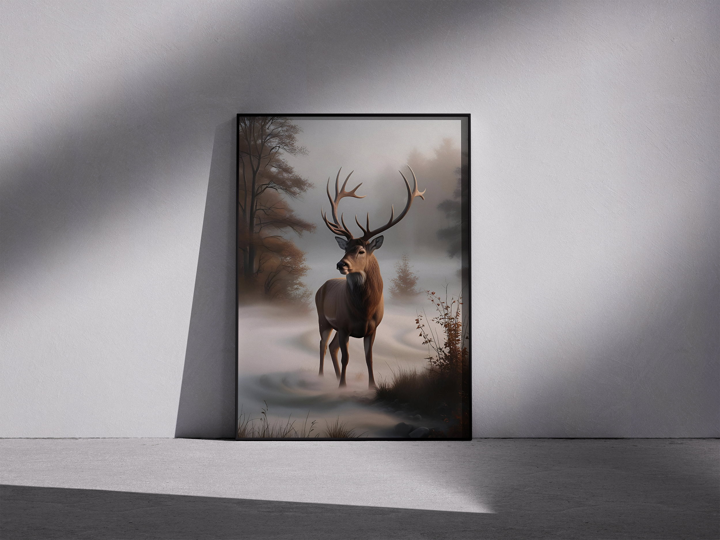 Echoes in the Fog – Stag in the Mist Framed Wall Print - For Animal Lovers