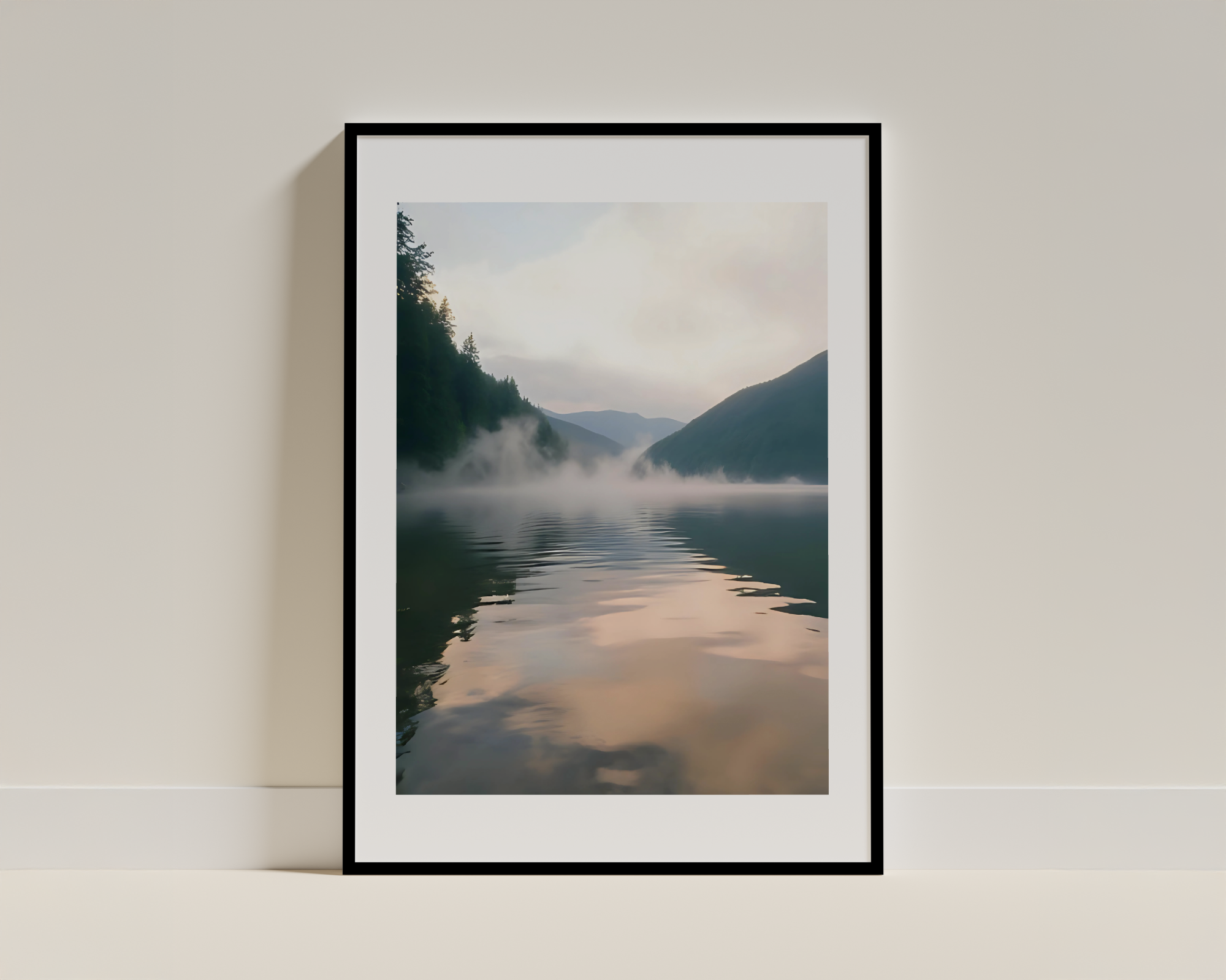 Serene Mountain Lake with Mist Framed Poster