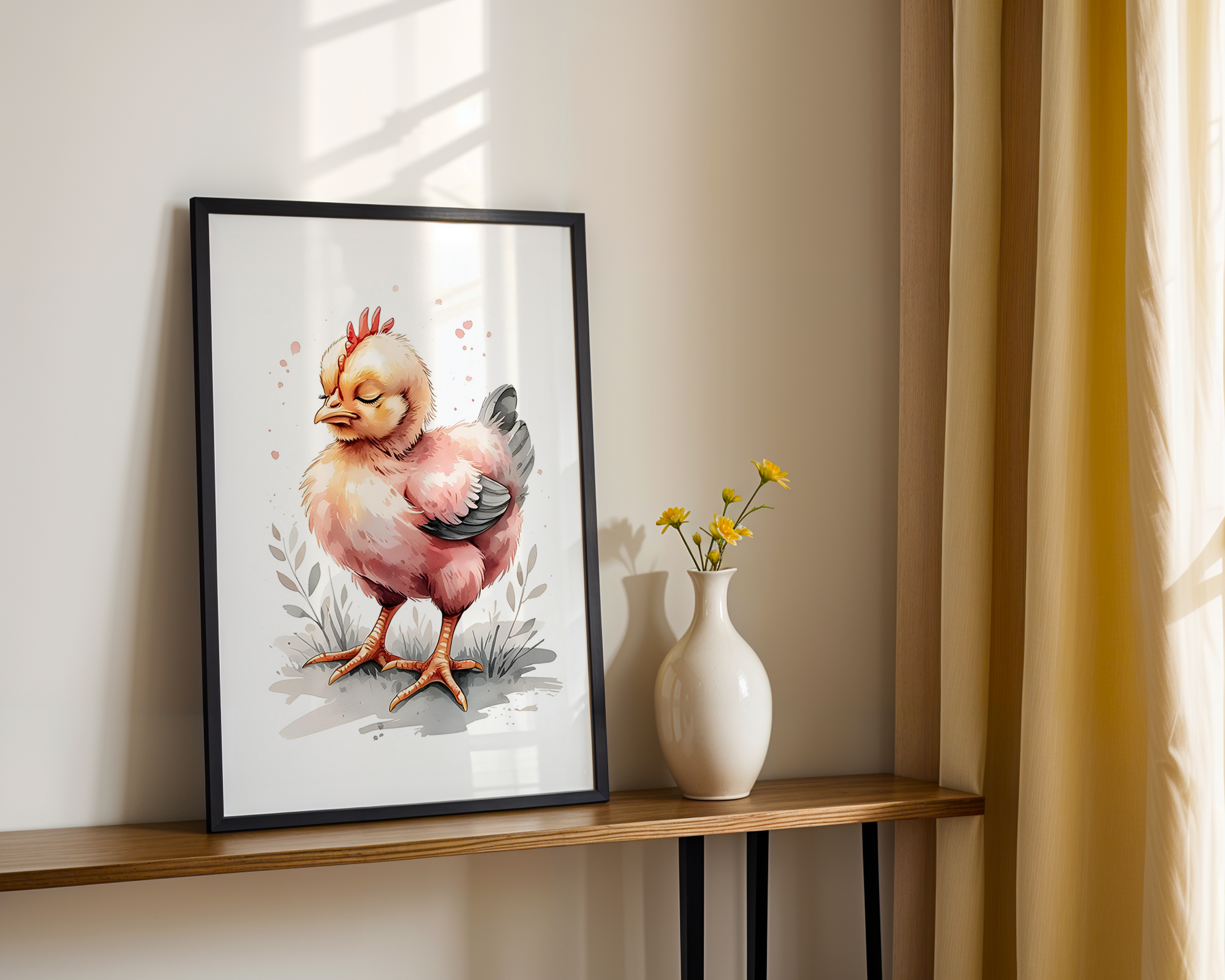 Gentle Love - Watercolor Style Print - Baby Chicken Framed Poster