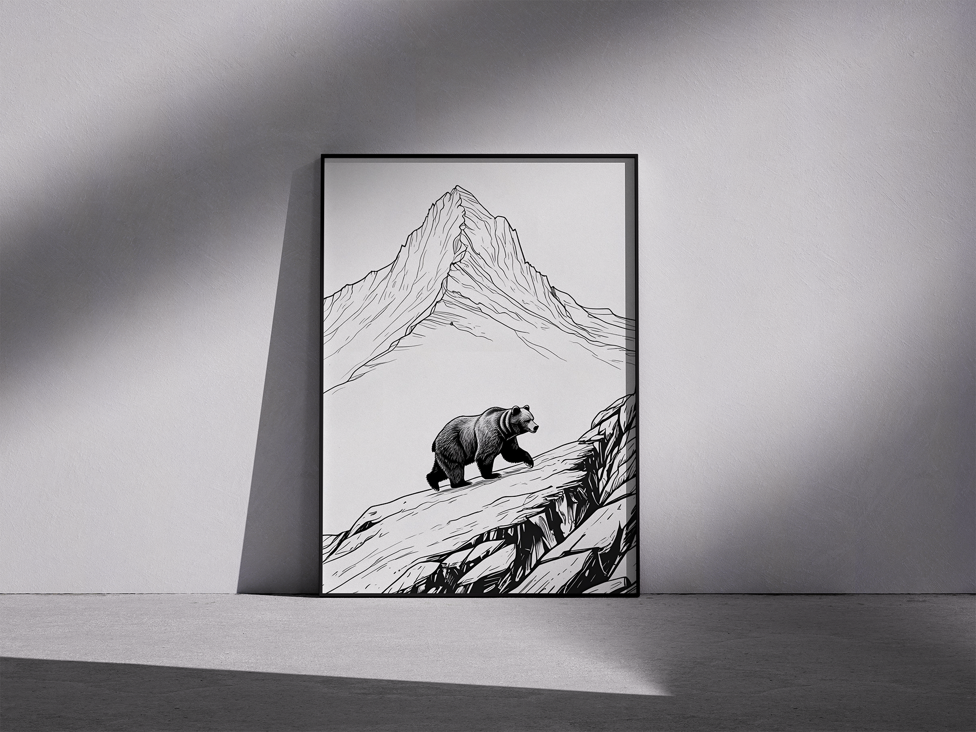 Wild Line – Minimalist Bear in Mountains Framed Poster For Elegant Decor