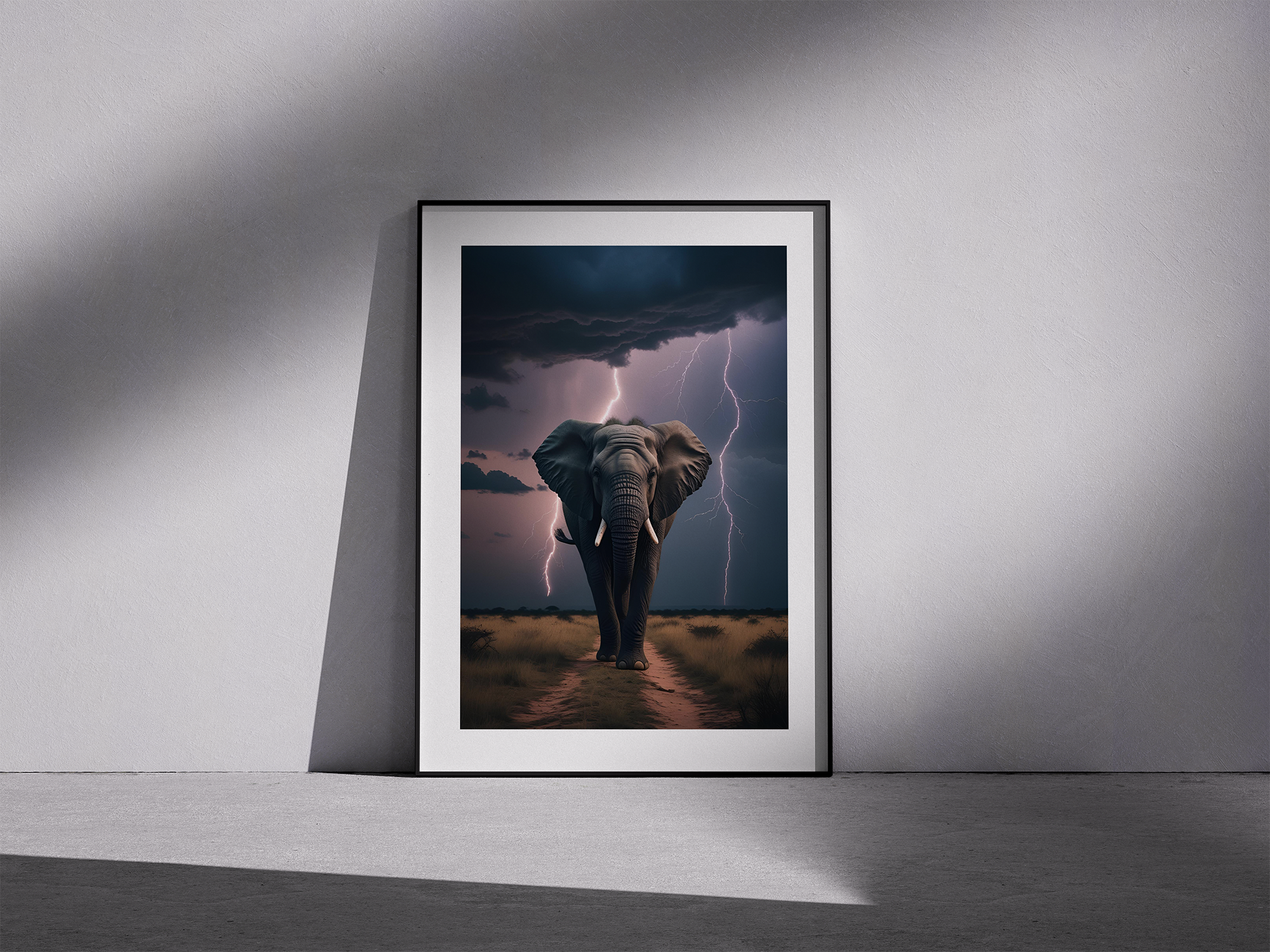 Storm Step – Powerful Elephant Framed Poster in Thunderlight