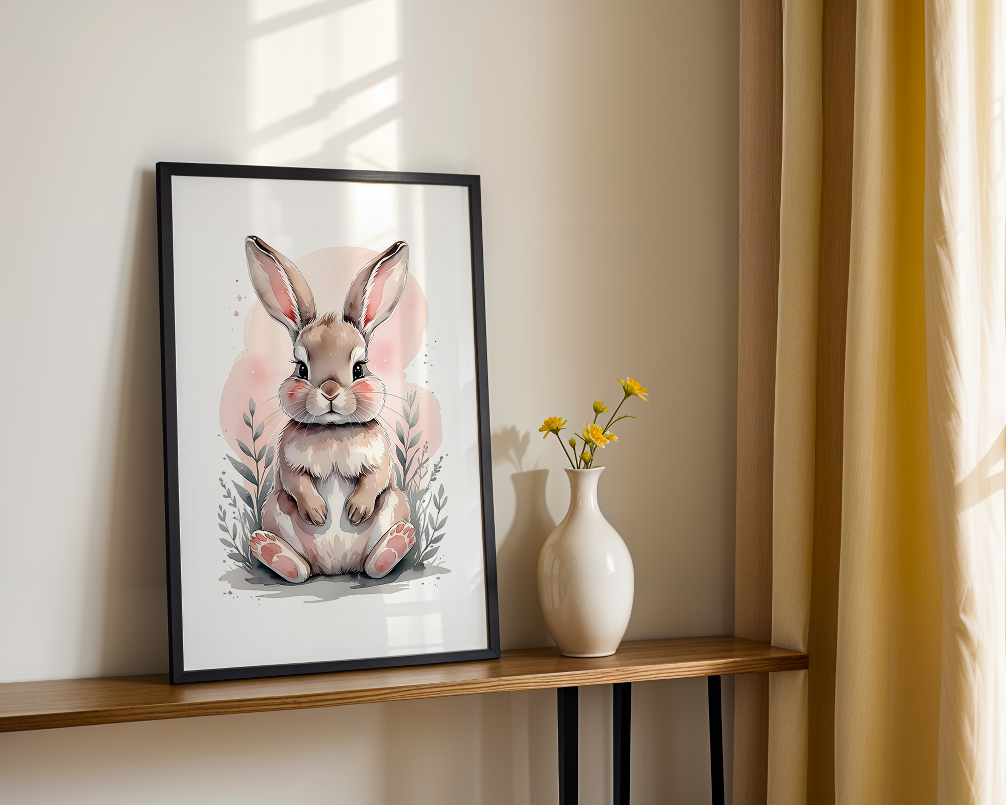 Gentle Love - Watercolor Style Print - Baby Bunny Framed Poster