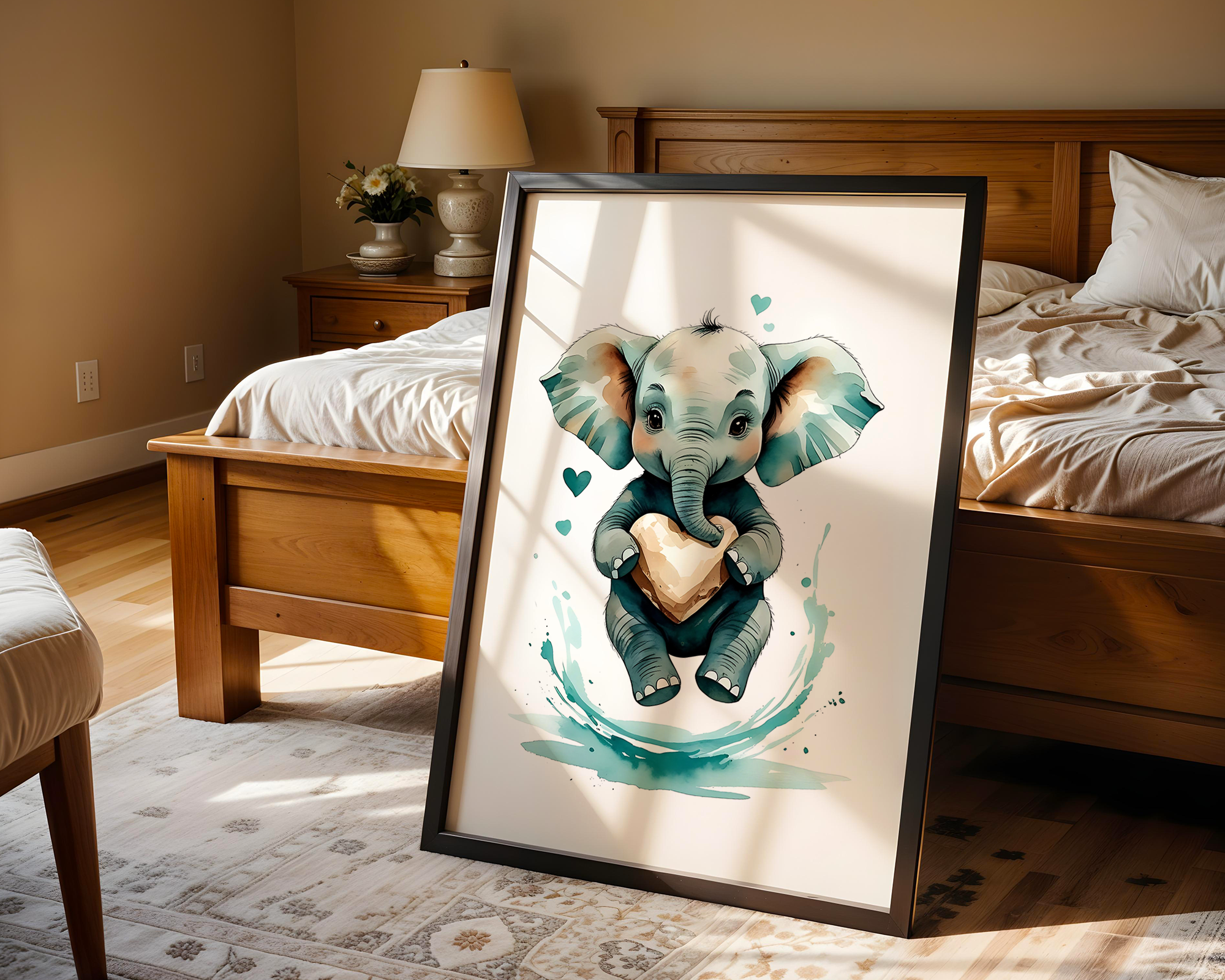 Drift & Heart – Playful Elephant Framed Poster in Watercolor