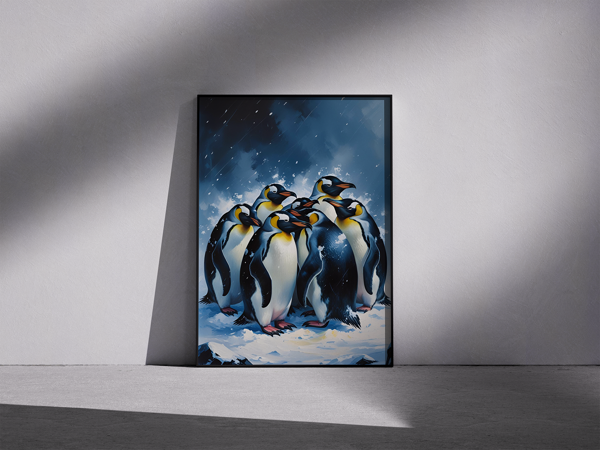 Arctic Bond – Penguin Family Framed Poster in Snowstorm