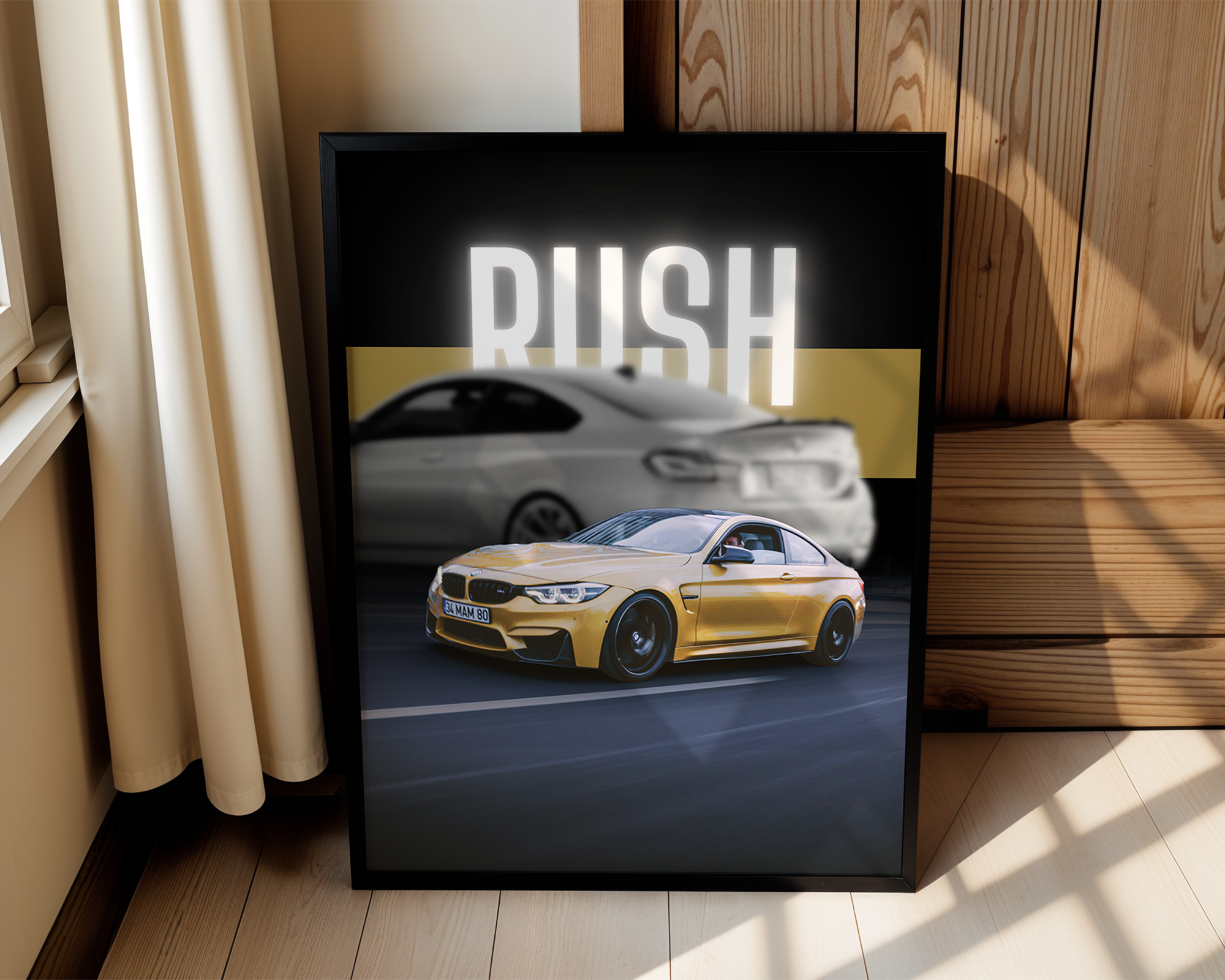 RUSH – Framed BMW M4 Poster - High-Speed Art Print for Car Enthusiasts