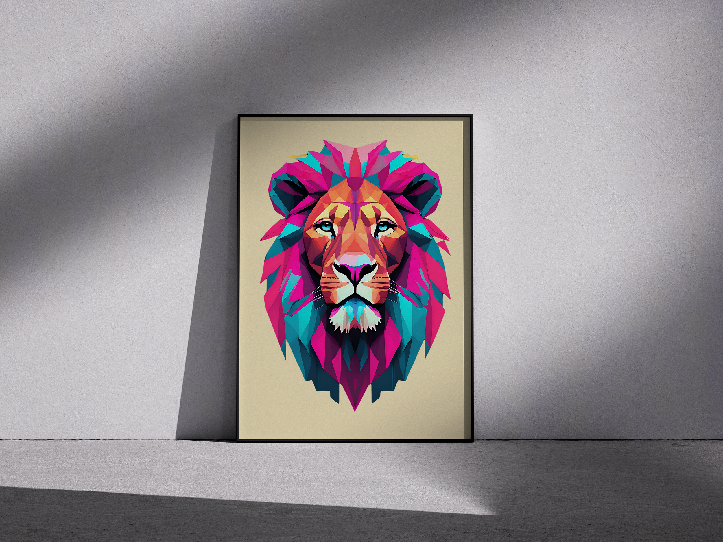 Vibrant Geometric Lion Framed Poster – Colorful Polygonal Wall Art