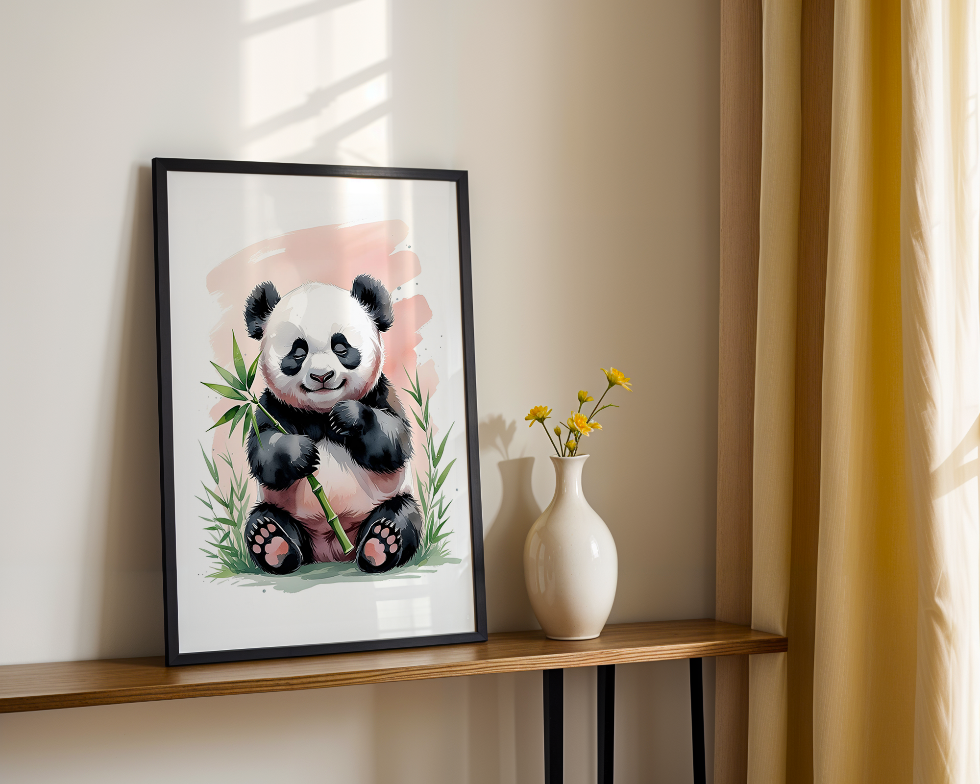 Gentle Love - Watercolor Style Print - Baby Panda Framed Poster