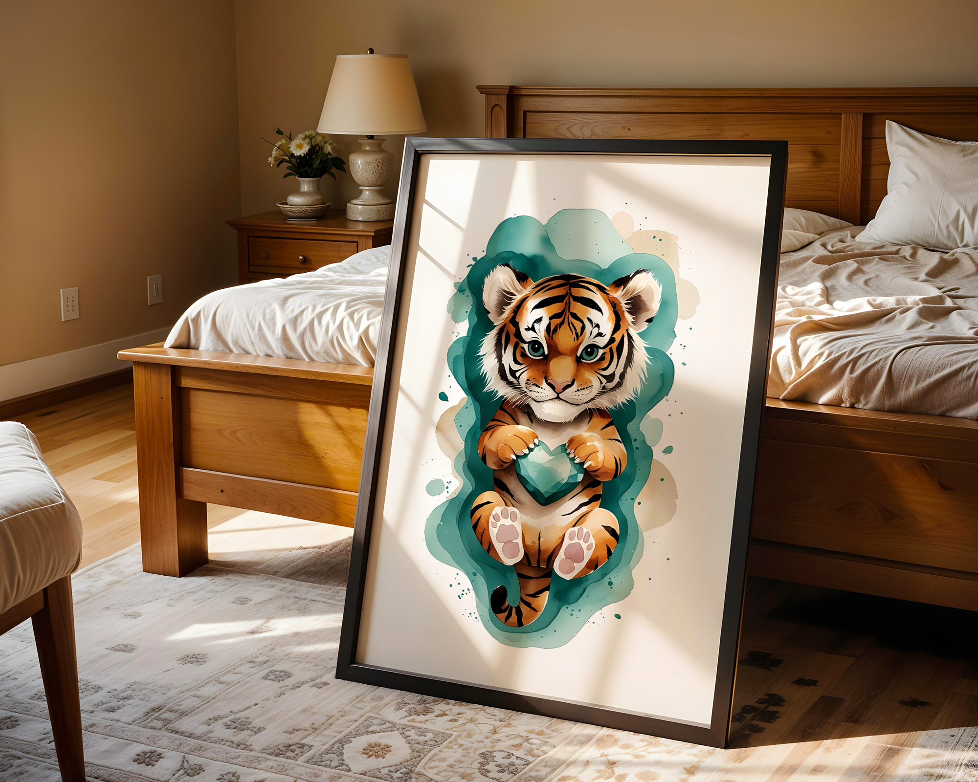 Drift & Heart – Playful Tiger Framed Poster in Watercolor