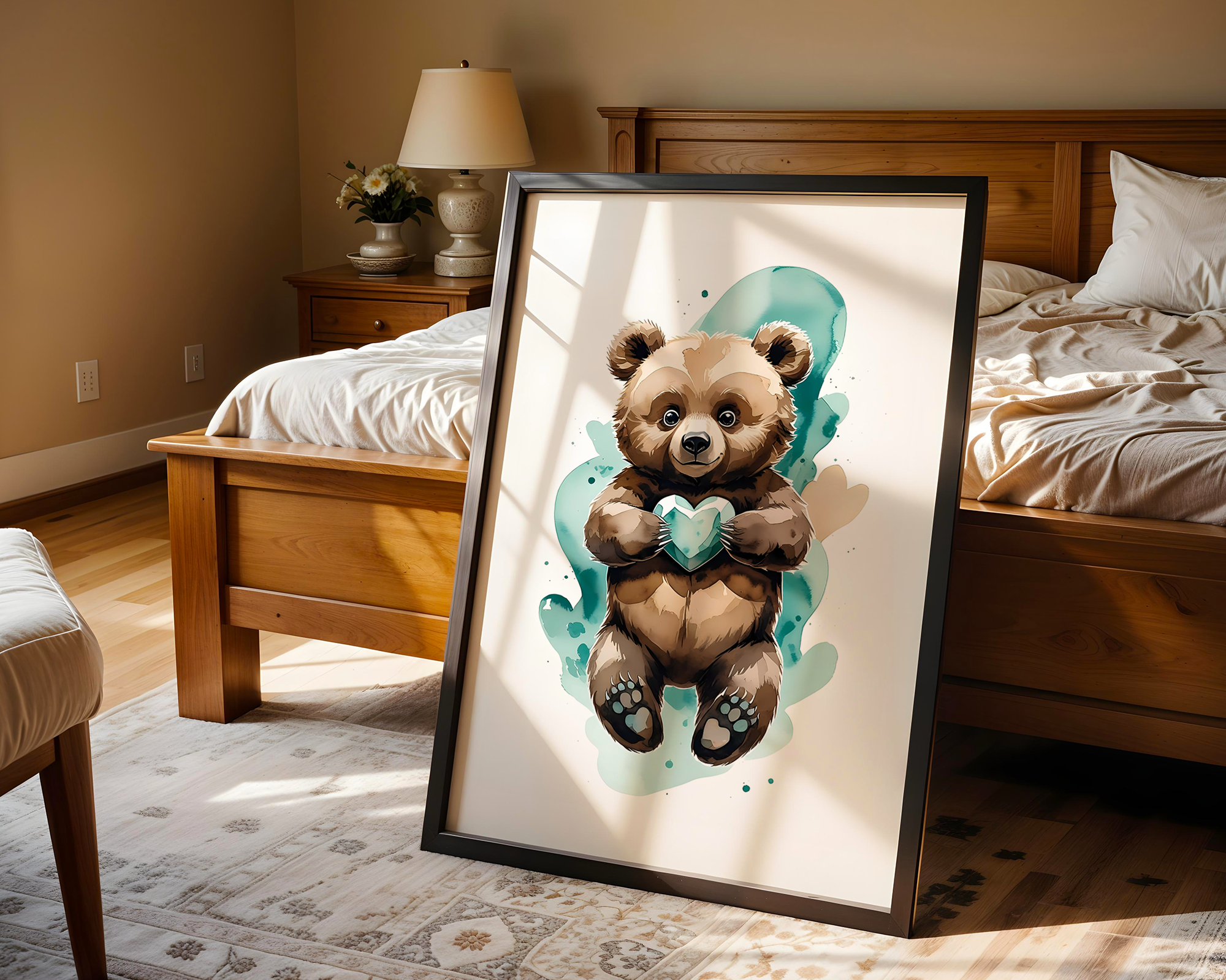 Drift & Heart – Playful Bear Framed Poster in Watercolor