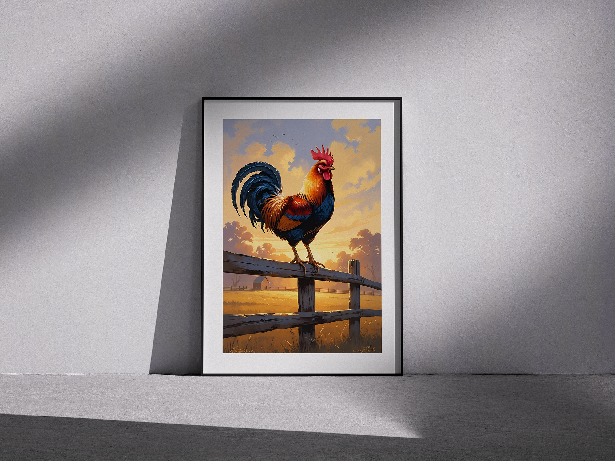 Morning Herald – Rustic Rooster Framed Poster in Golden Dawn