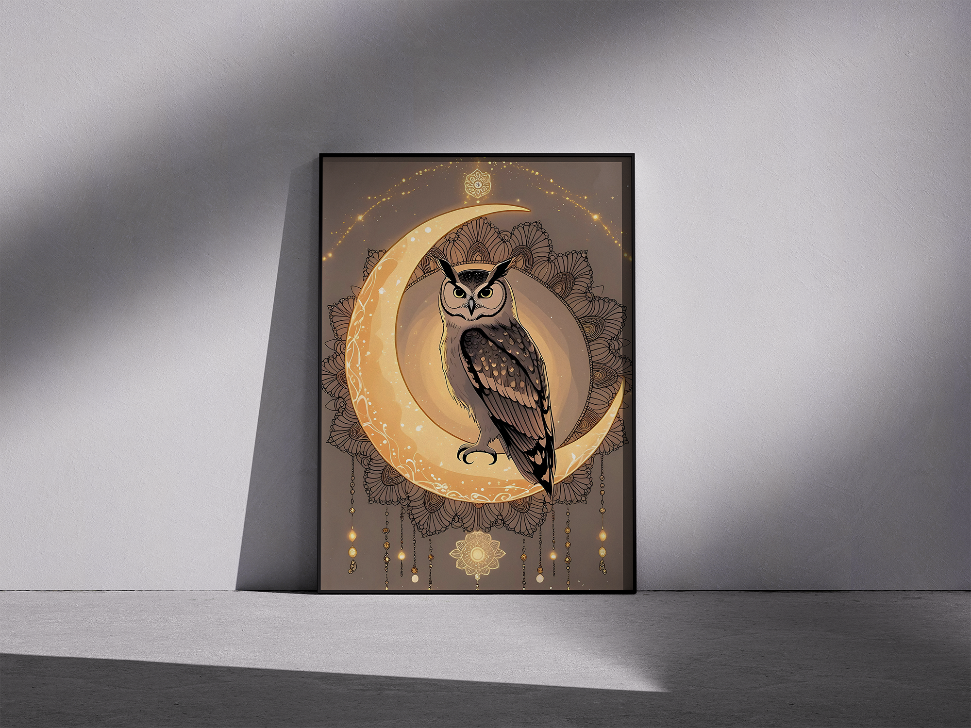 Lunar Wisdom – Boho Owl Framed Poster with Moon & Mandala