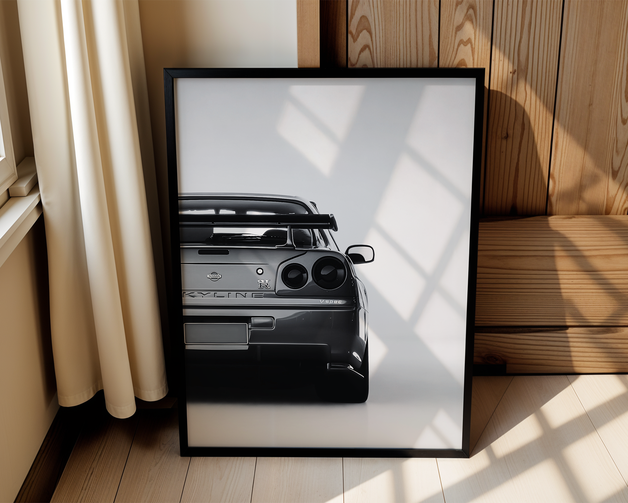 R34 GTR In Black And White – Modern Framed Automotive Poster
