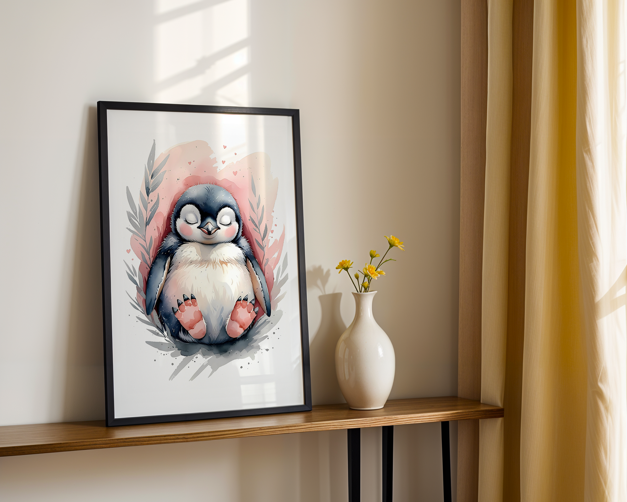 Gentle Love - Watercolor Style Print - Baby Penguin Framed Poster