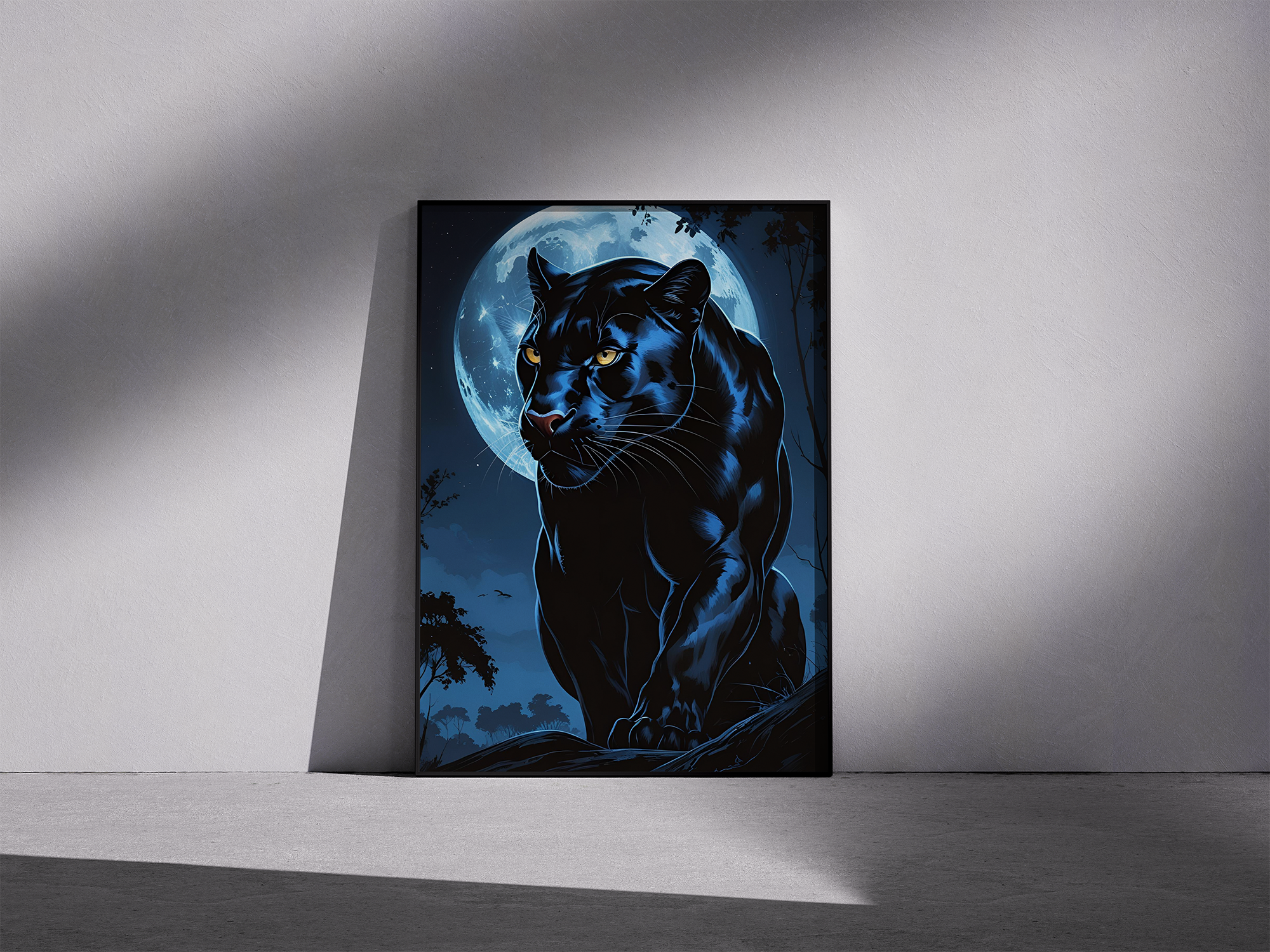 Shadow Grace – Noir Panther Illustration Framed Poster in Moonlight